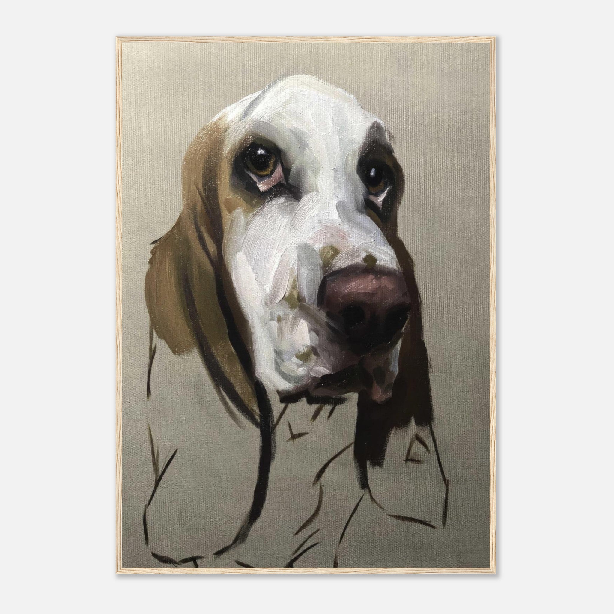 Framed print of a Basset Hound dog painting, showcasing expressive features and gentle eyes, perfect for dog lovers.
