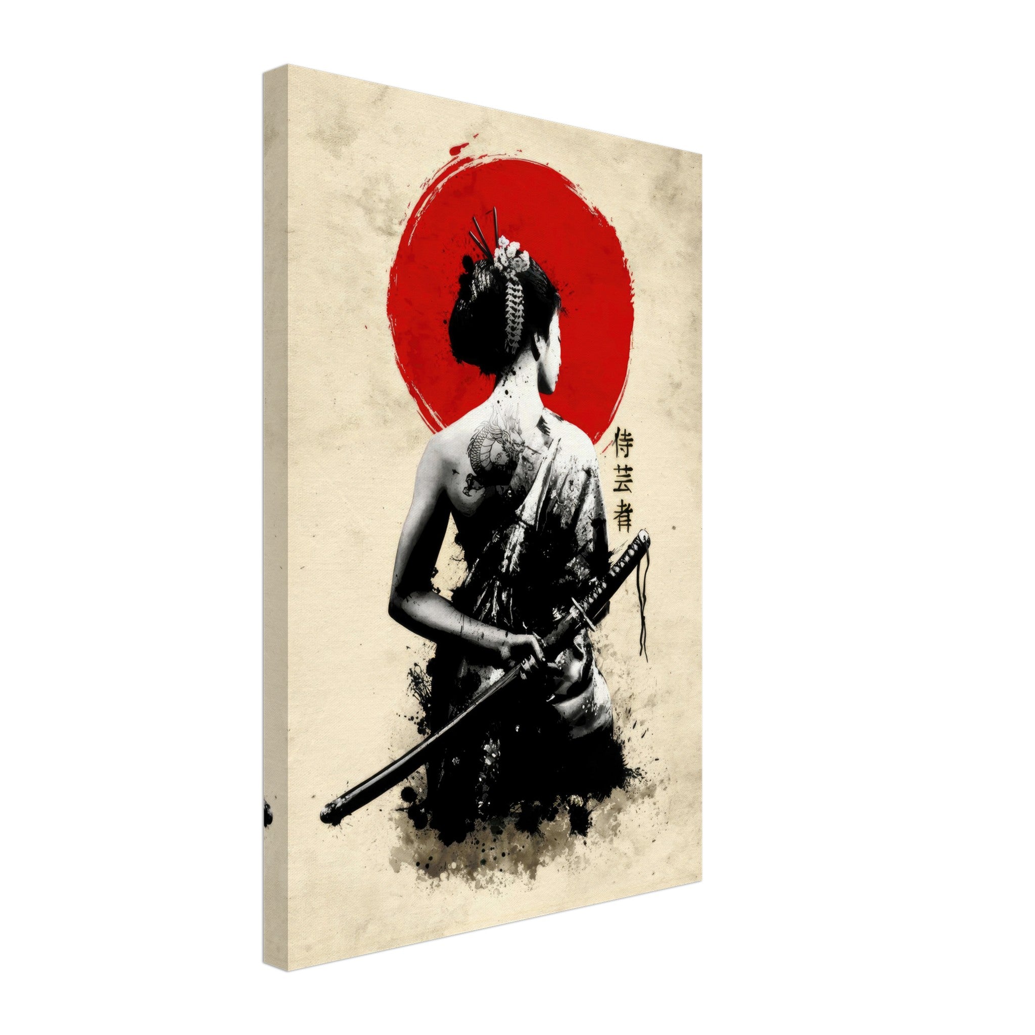 The Samurai Geisha canvas art featuring a poised geisha with a katana against a bold red sun backdrop.