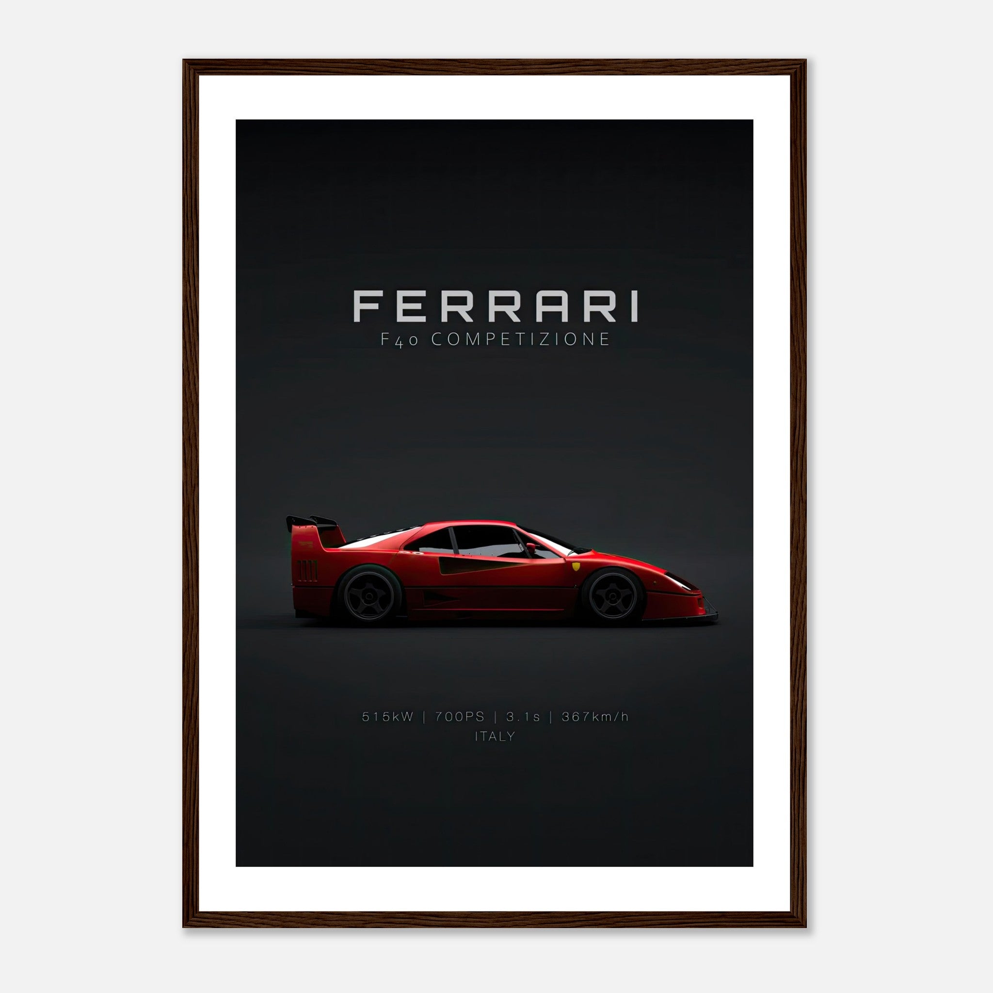 Framed poster of Ferrari F40 Competizione showcasing its sleek design and powerful features.
