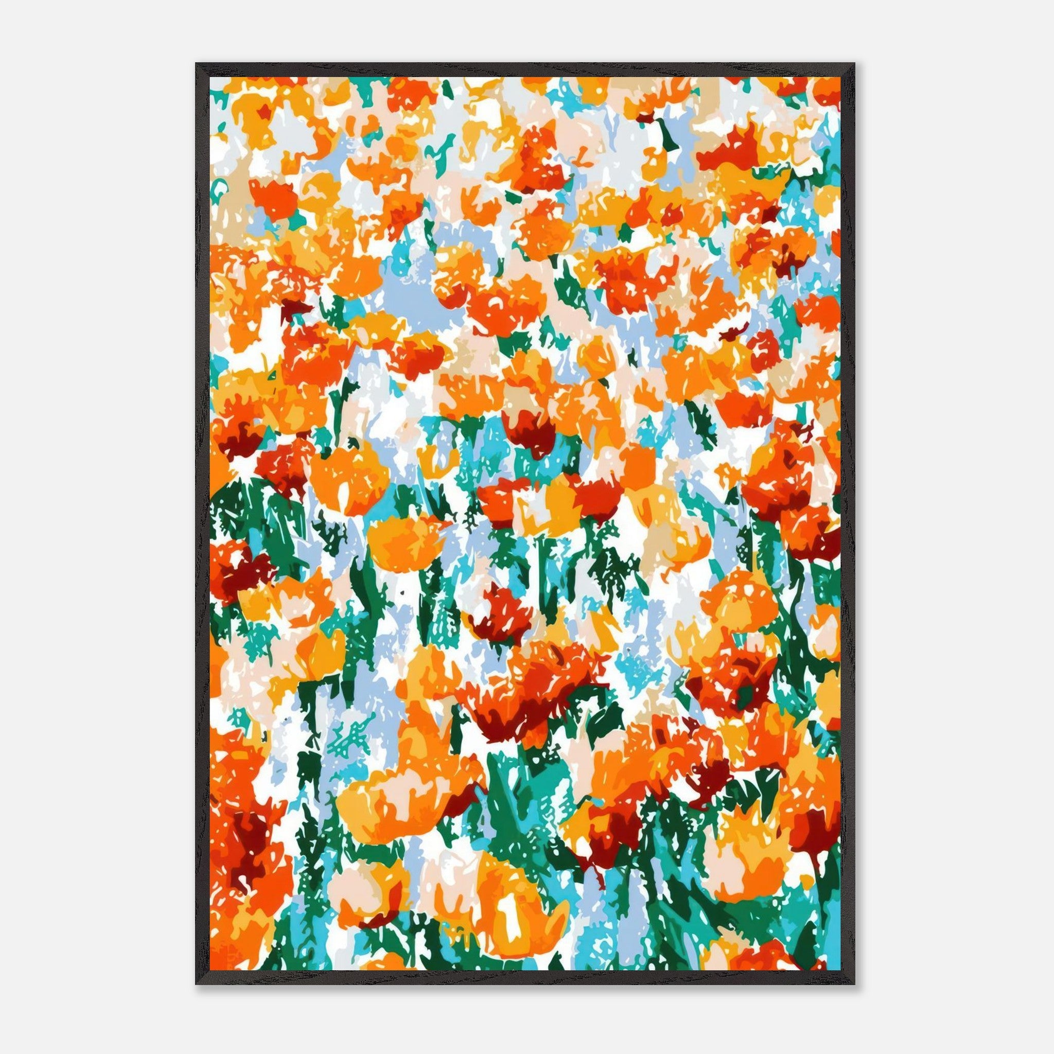 Vibrant abstract floral tulip garden artwork in orange and red hues, perfect for contemporary home decor.