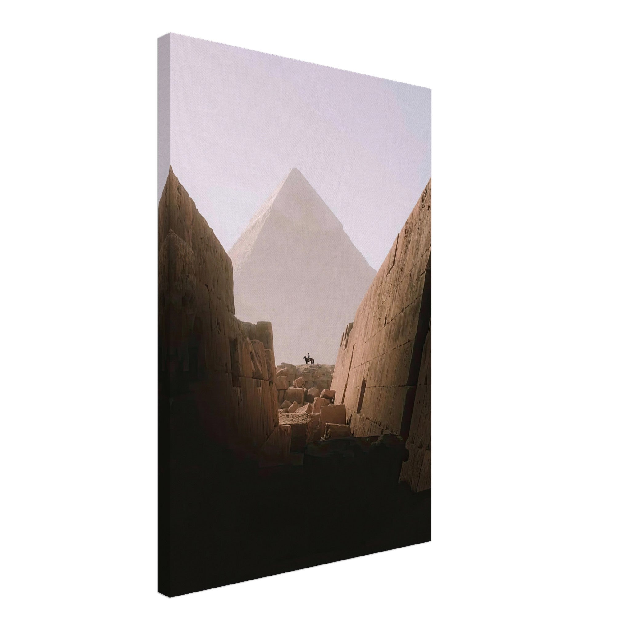 Horse rider silhouetted against the Great Pyramid of Giza, captured in warm desert light on canvas print.