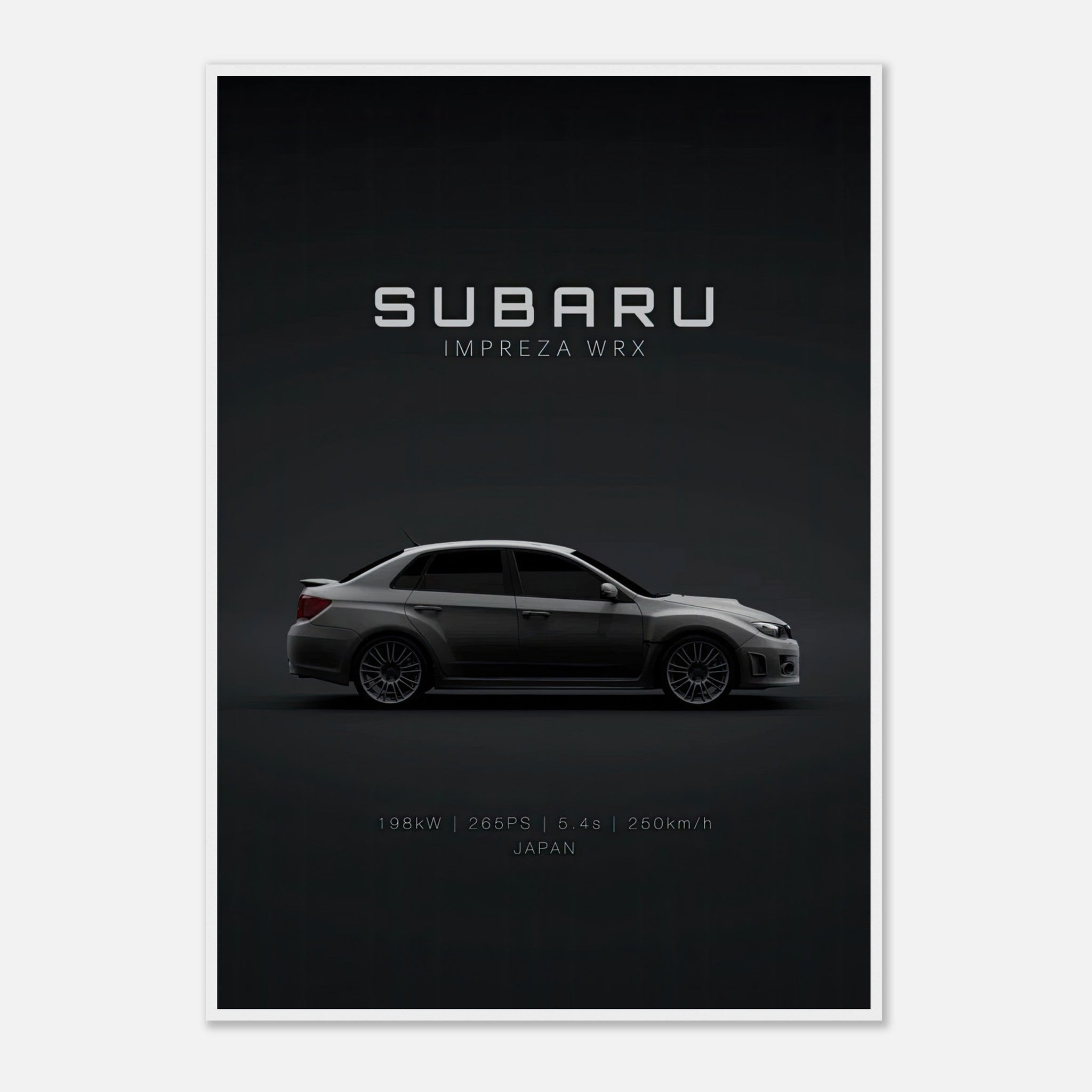 Subaru WRX framed poster featuring sleek design and performance details on a dark background.