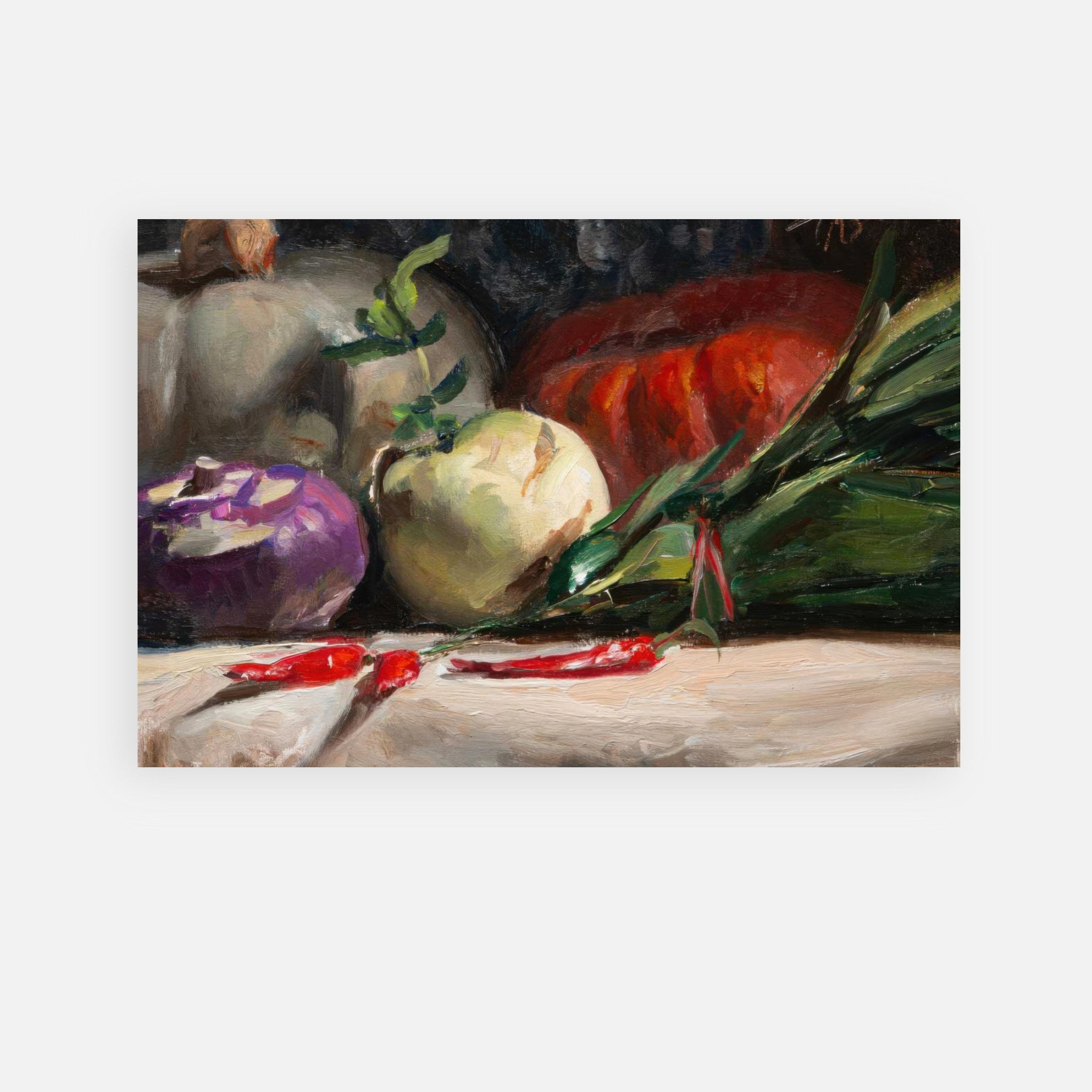 Vibrant metal print of kohlrabi, pumpkins, and chilis, adding rustic charm to kitchen or dining décor.