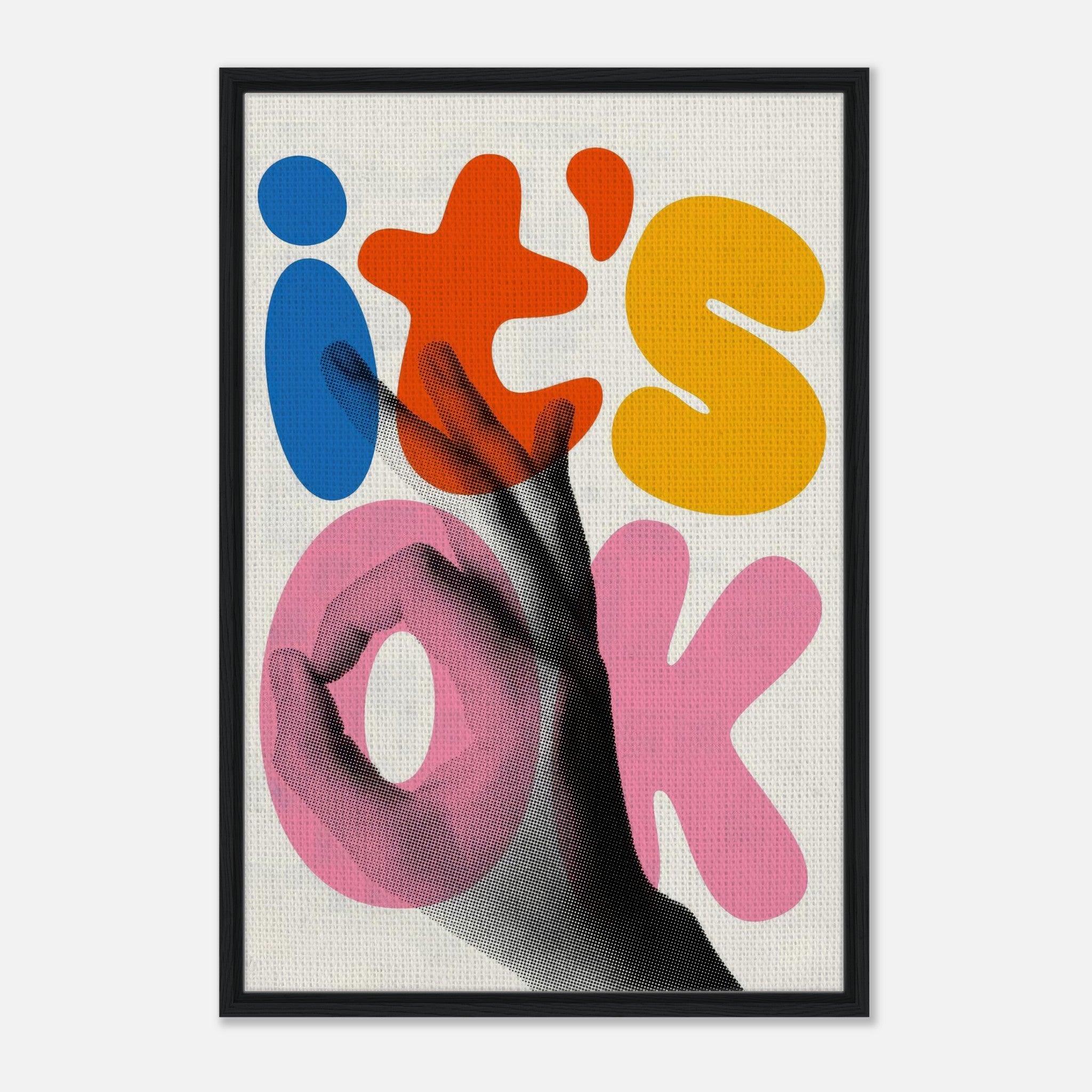 Retro Abstract Pop Art Framed Canvas Print featuring vibrant colors and a hand gesture saying 'It's Ok'.