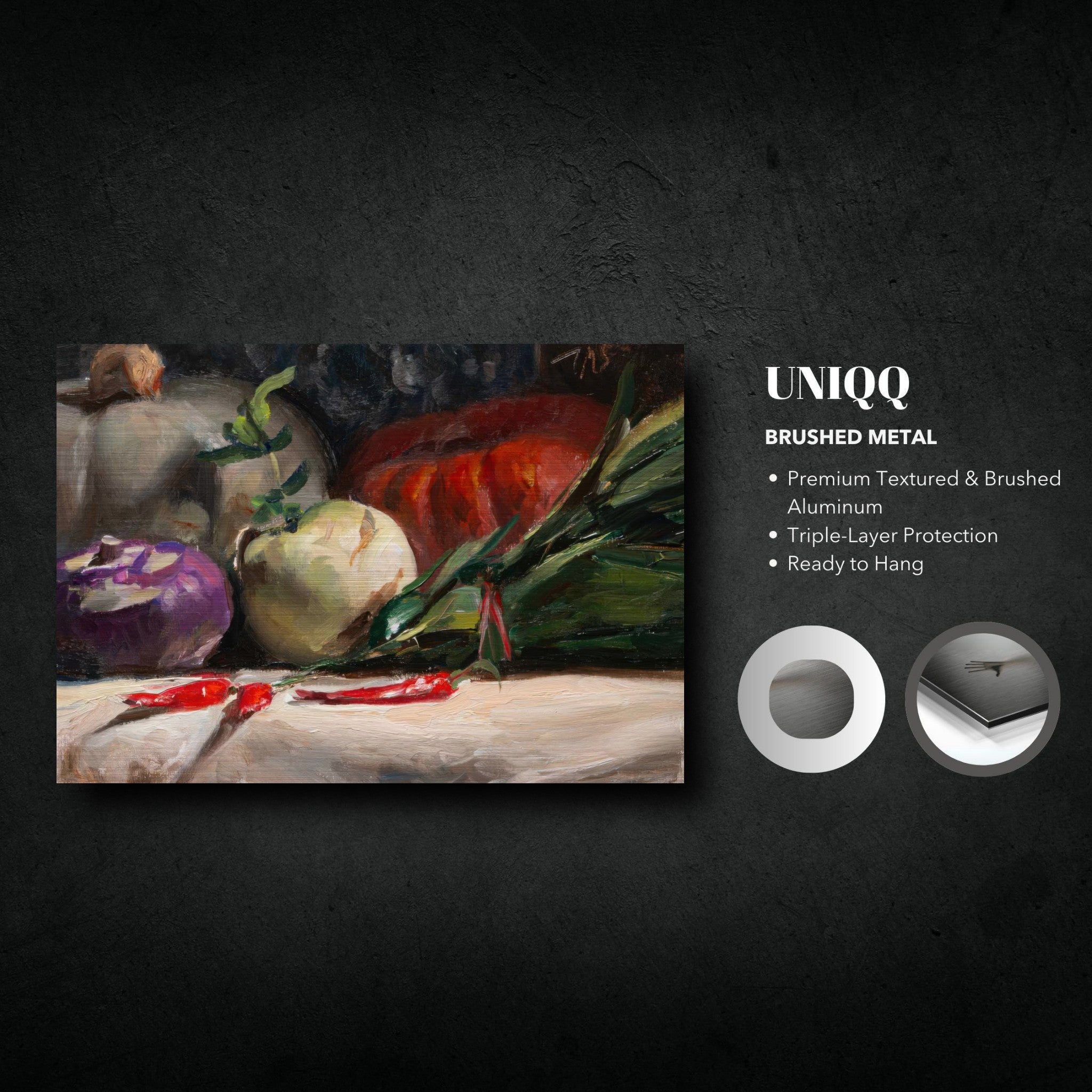 Kohlrabi, pumpkins, and chilis brushed metal artwork with vibrant colors and rich textures, ready to hang.