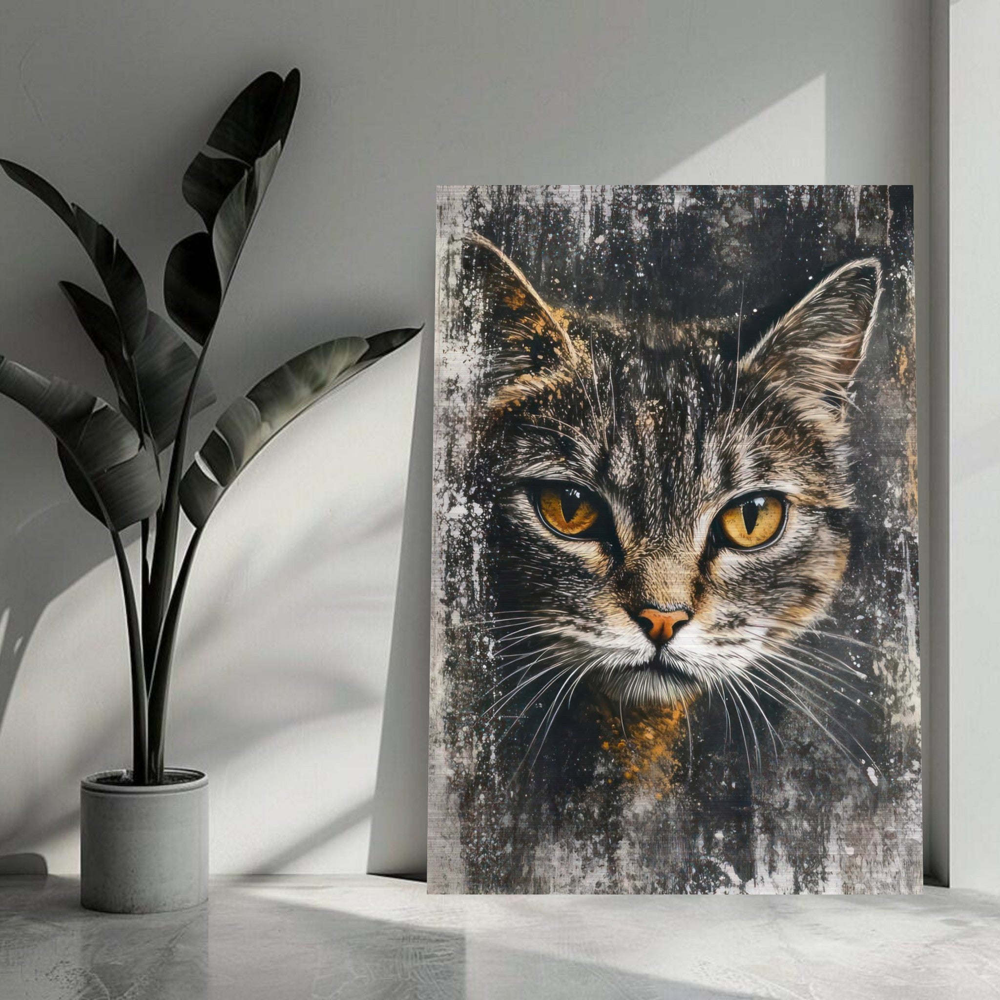 Cat painting artwork on brushed metal with lifelike details, enhancing modern home decor.