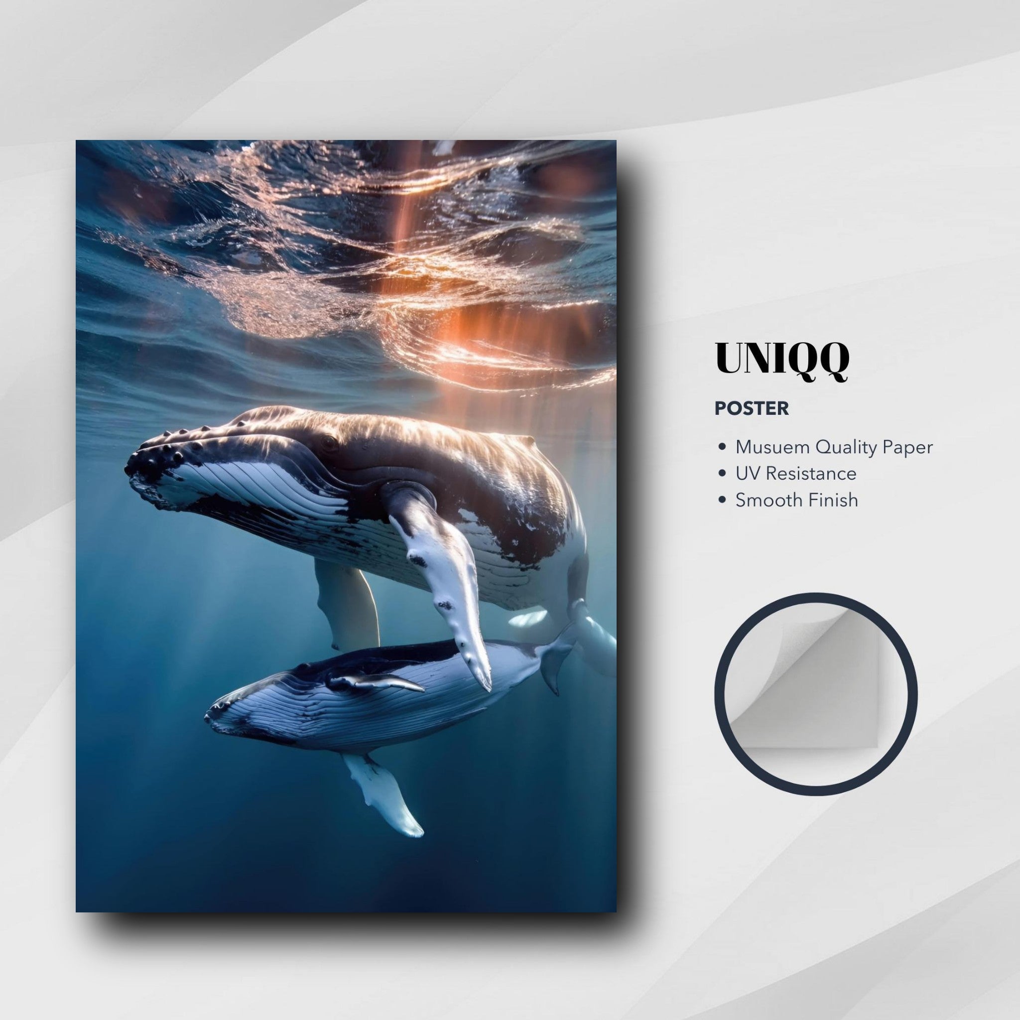 Stunning underwater photography poster of a mother humpback whale and calf in blue ocean waters.