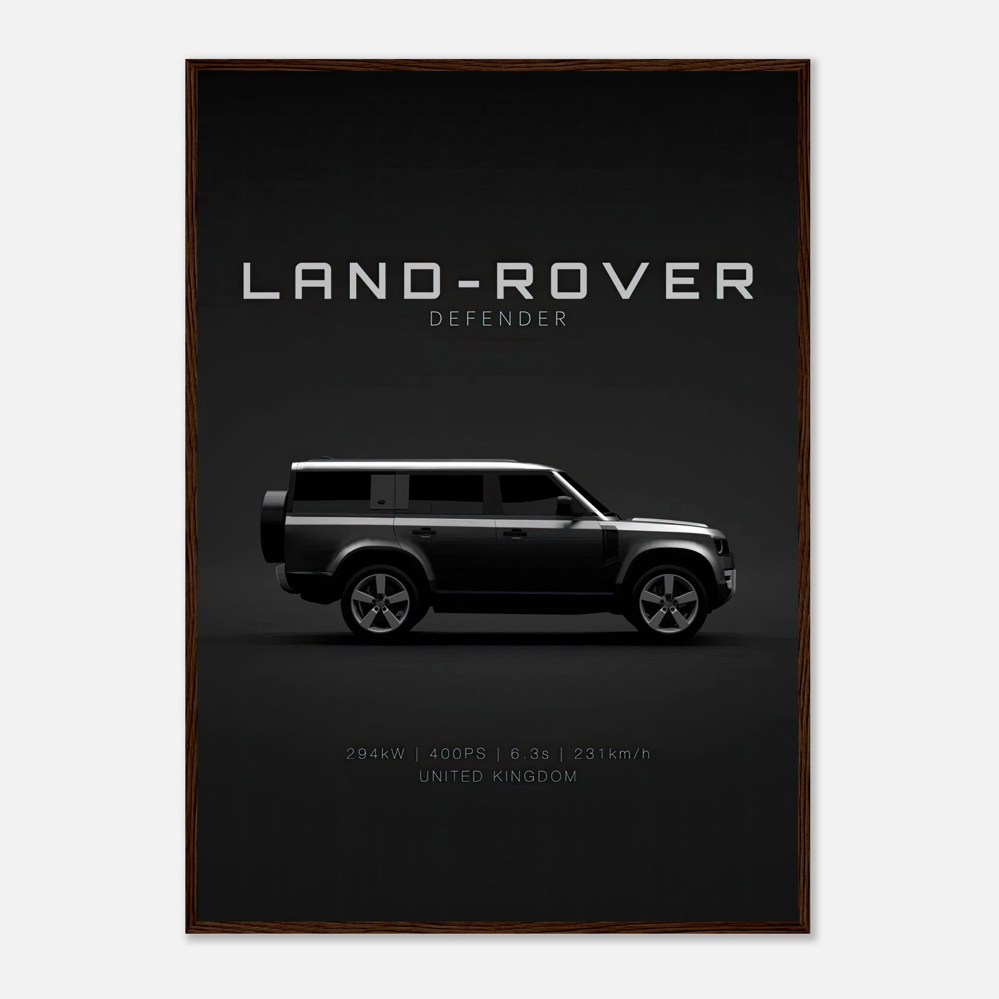 Land Rover Defender framed print showcasing a minimalist side profile of the iconic SUV with elegant design elements.