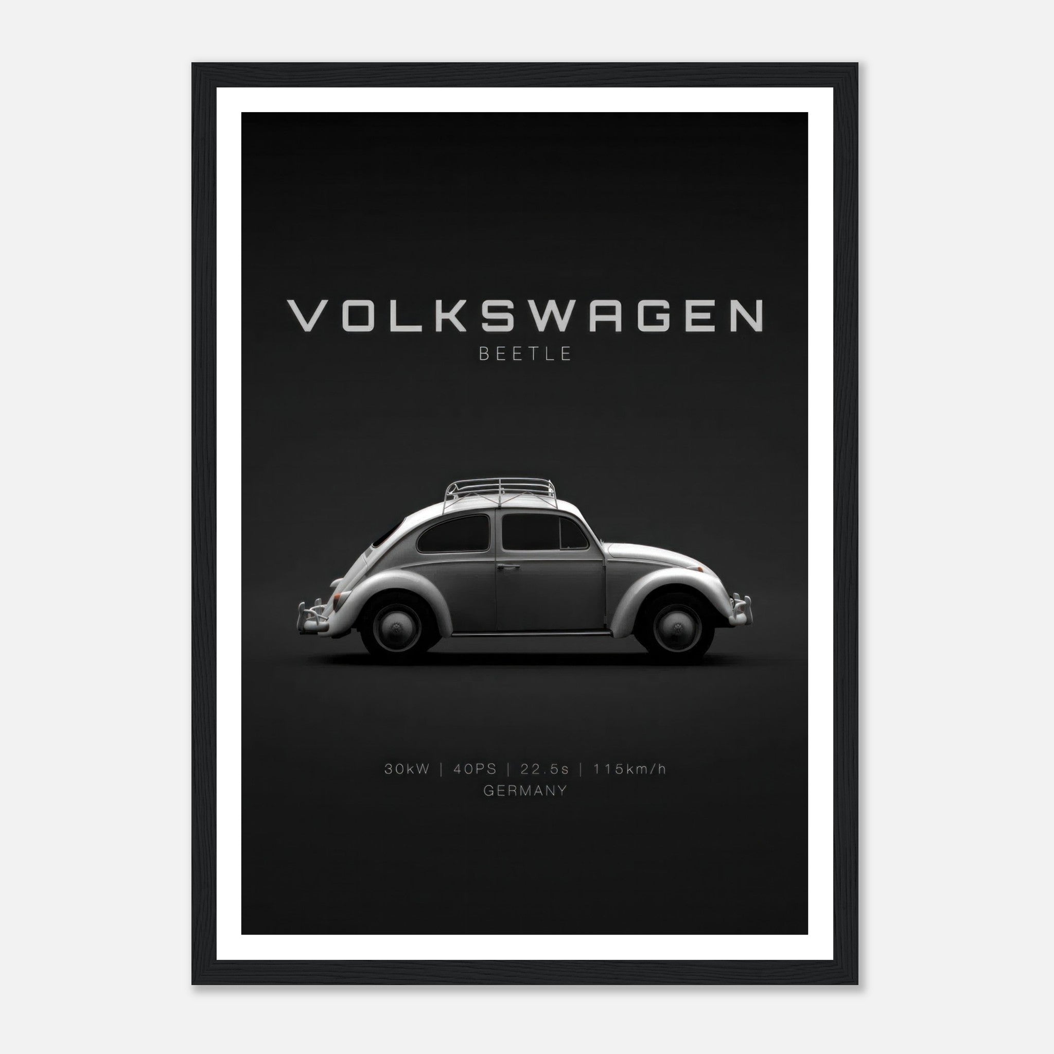 Framed poster of a vintage Volkswagen Beetle against a minimalist black background, showcasing its classic design.