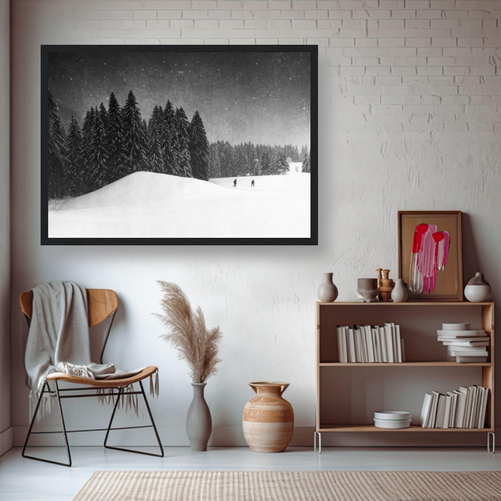 Winter Crossing Framed Print depicting a serene snow-covered forest with evergreens in a cozy living space.