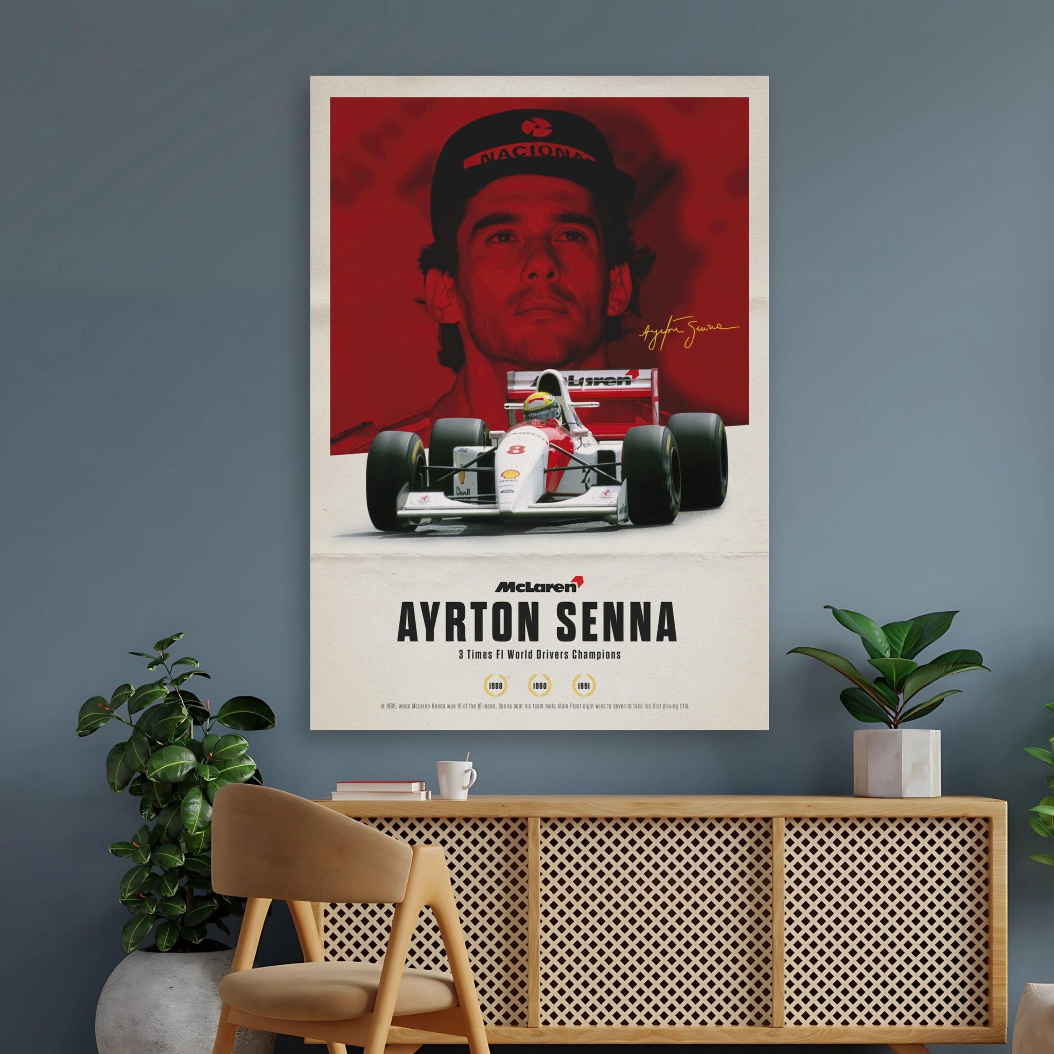 Ayrton Senna poster featuring McLaren F1 car and portrait, celebrating the three-time World Champion legacy.