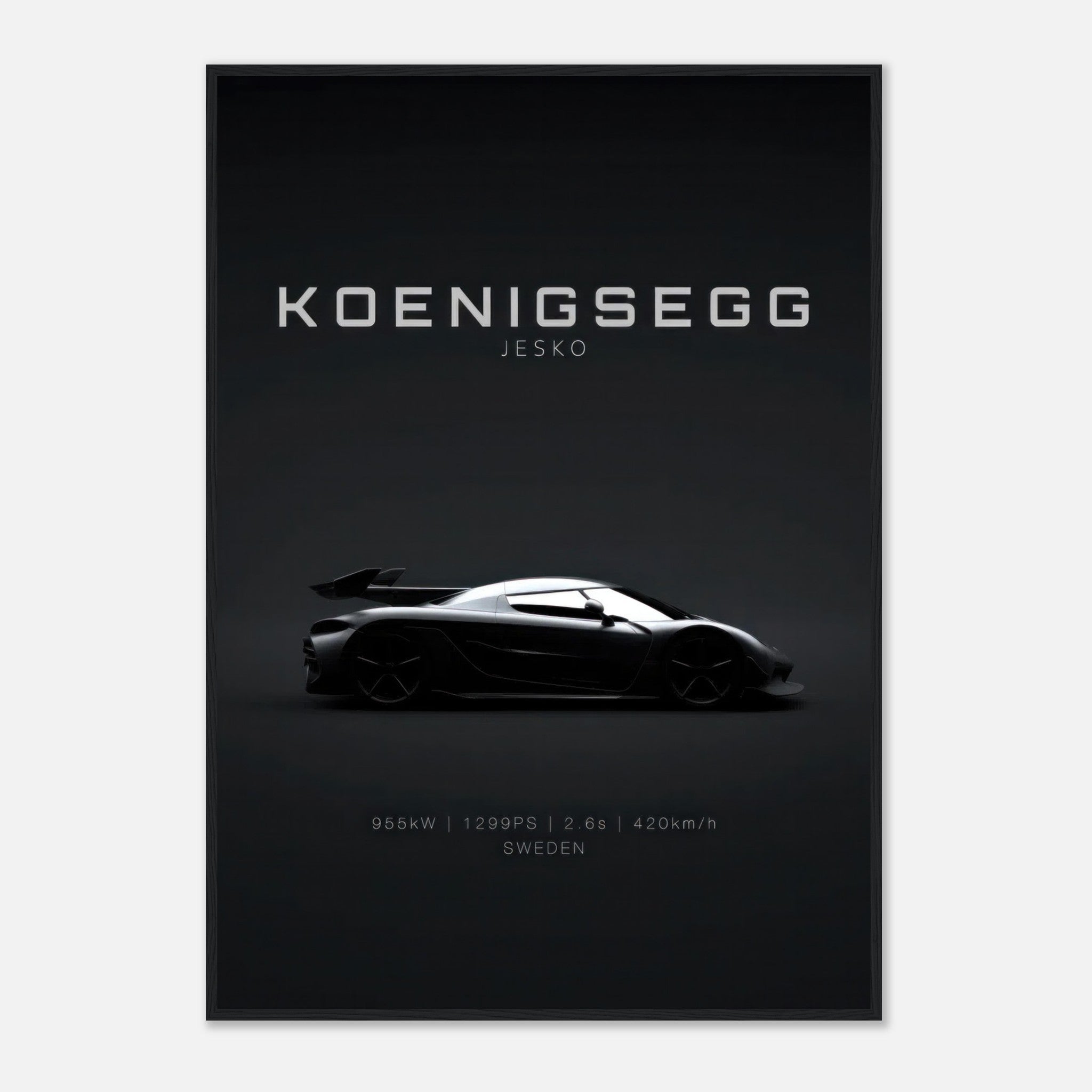 Koenigsegg Jesko framed poster showcasing the sleek hypercar silhouette on a black background.