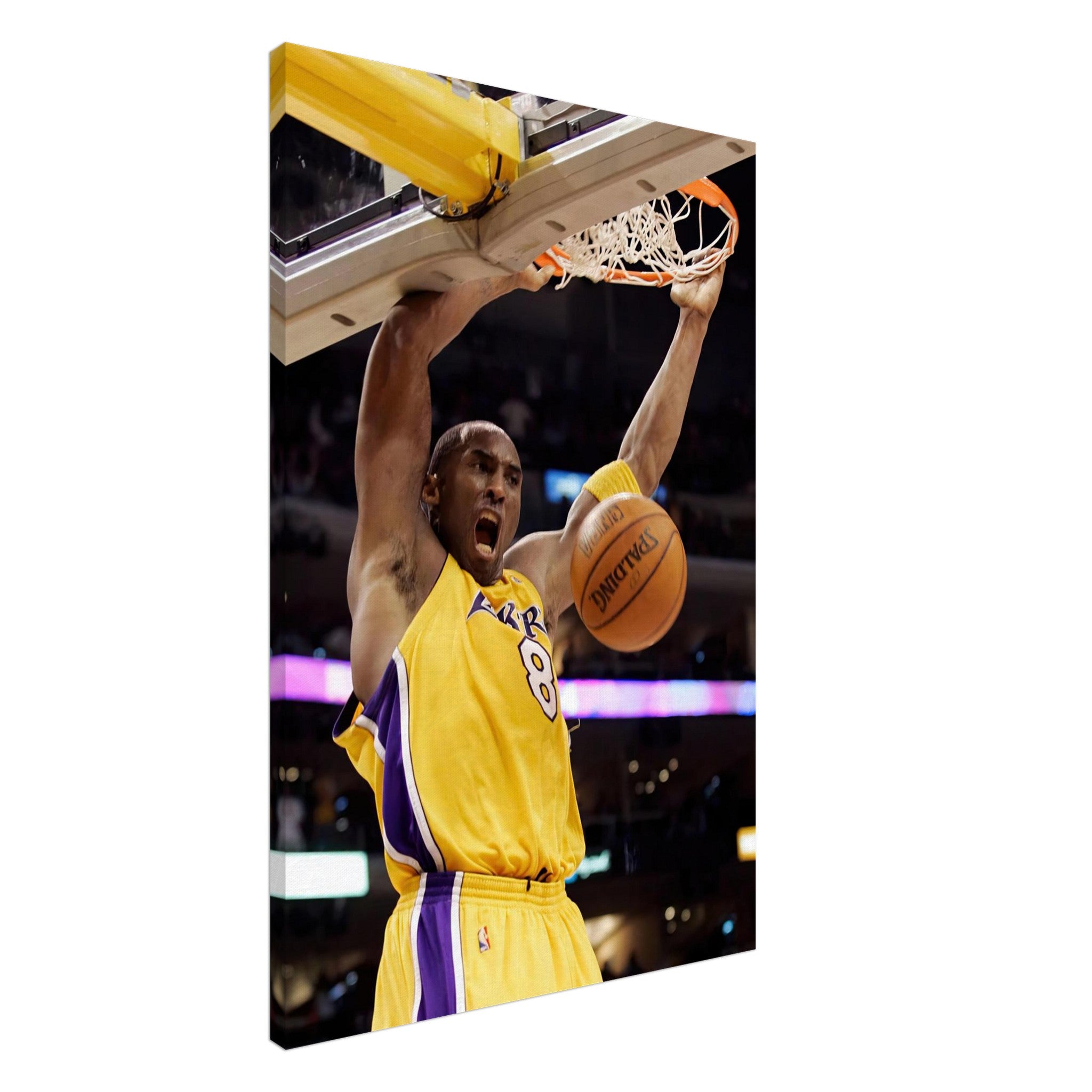 Kobe Bryant performing an iconic slam dunk in a Lakers jersey, vibrant canvas print capturing his intensity and athleticism.
