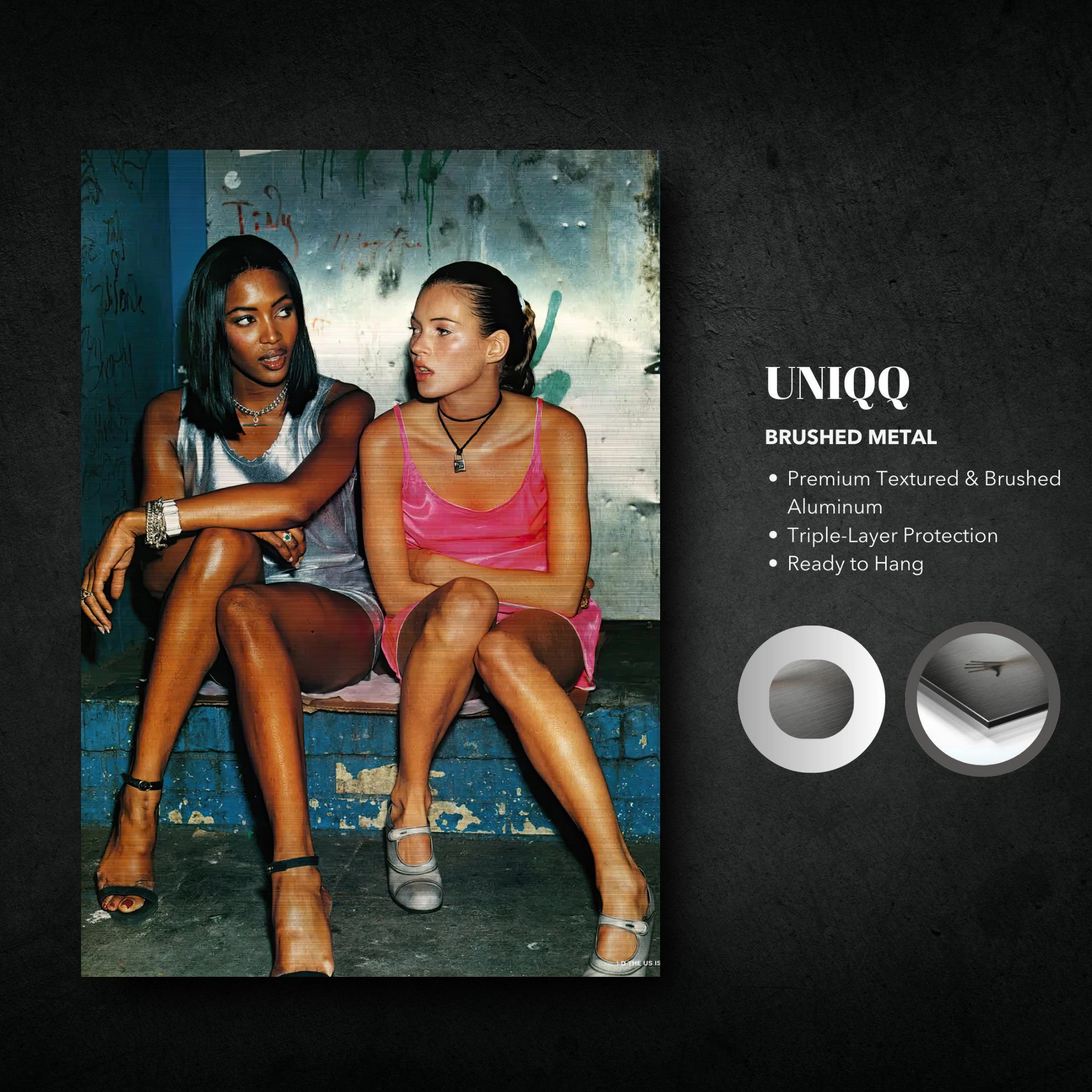 Naomi Campbell & Kate Moss in a street-style moment on brushed metal print, showcasing 90s fashion and glamour.