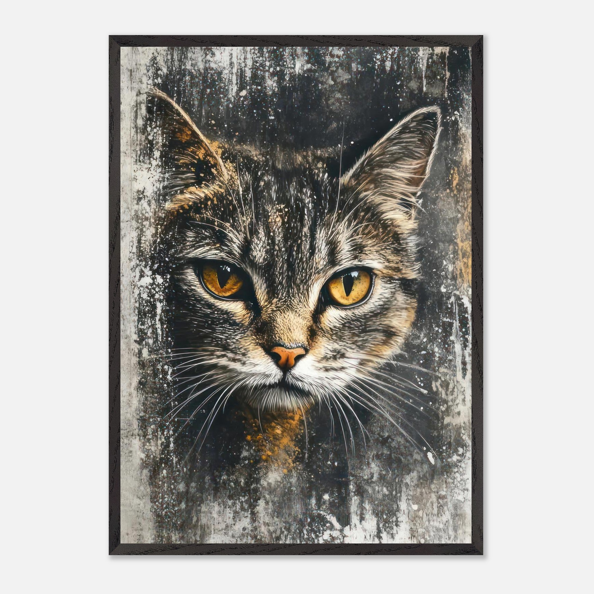 Museum-quality cat painting artwork featuring piercing golden eyes and intricate fur details.