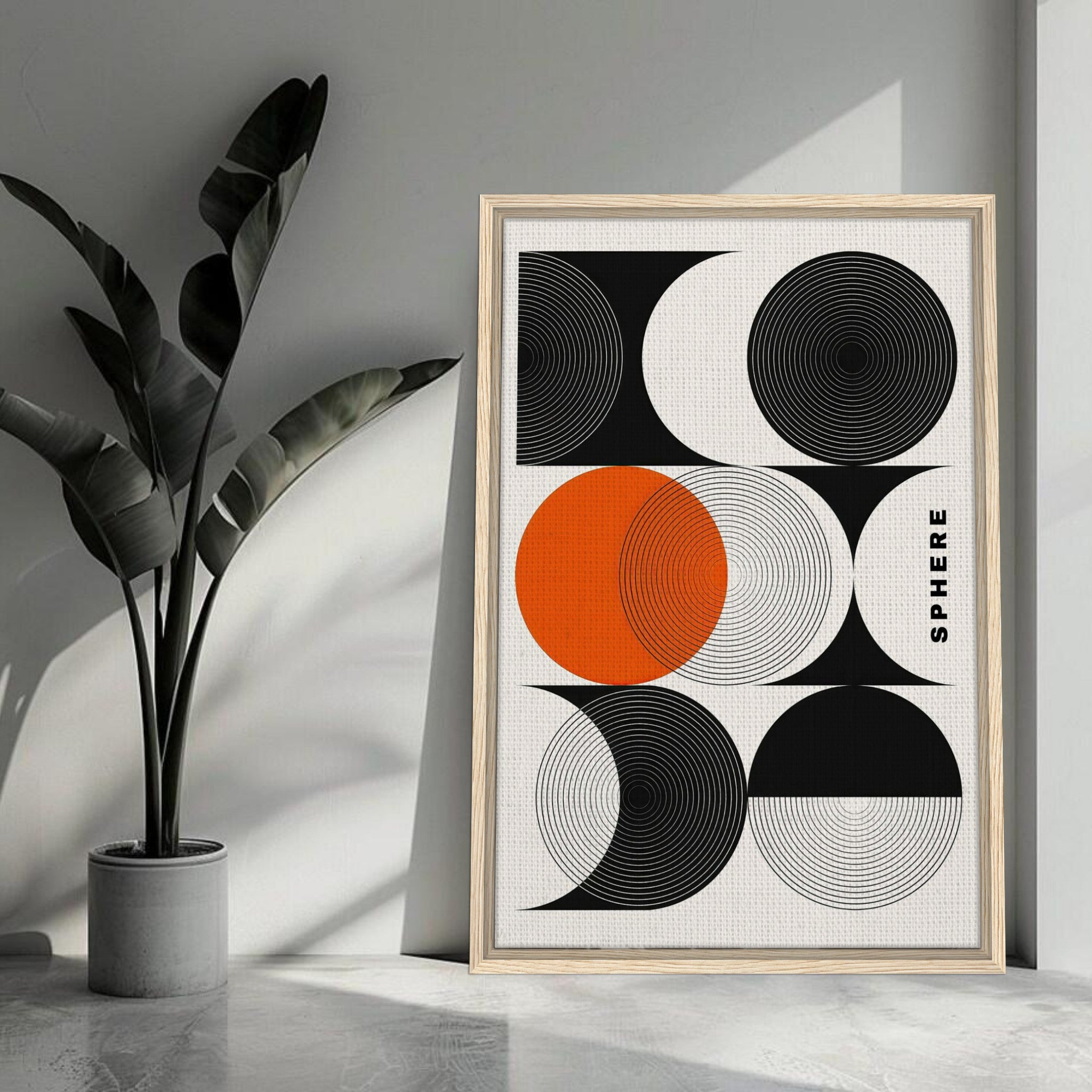 Abstract geometric sphere art framed canvas print with black and orange circles, modern home decor.