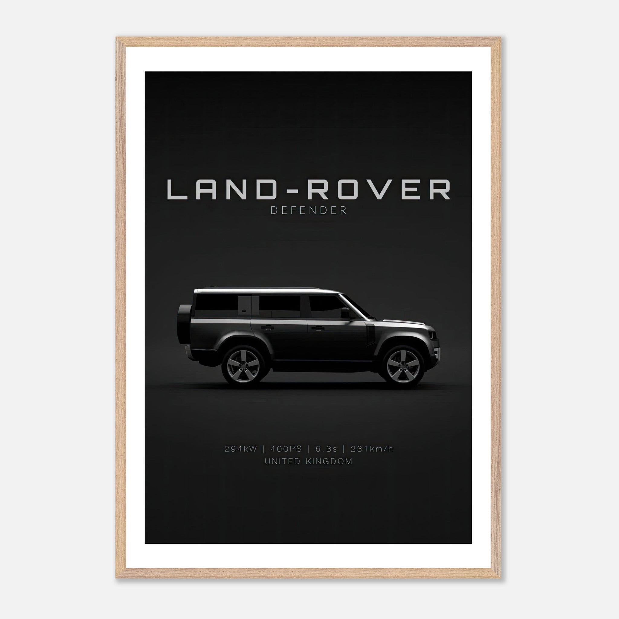 Land Rover Defender vintage framed art featuring the iconic vehicle silhouette on a black background.