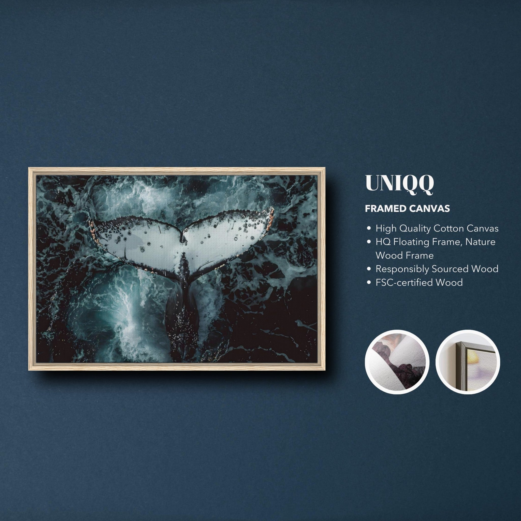 Humpback Whale framed canvas print showcasing a whale's tail above swirling ocean waters, with a natural wood frame.
