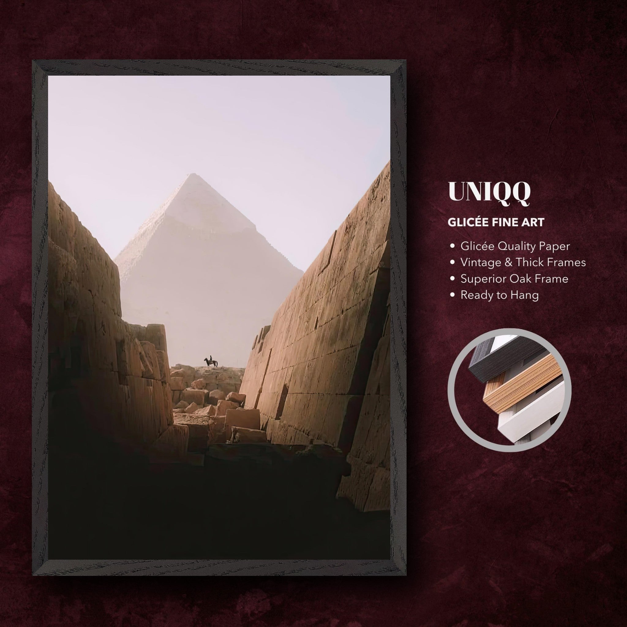 Fine art Giclée print of a rider near the Great Pyramid of Giza, framed in vintage oak, ready to hang.