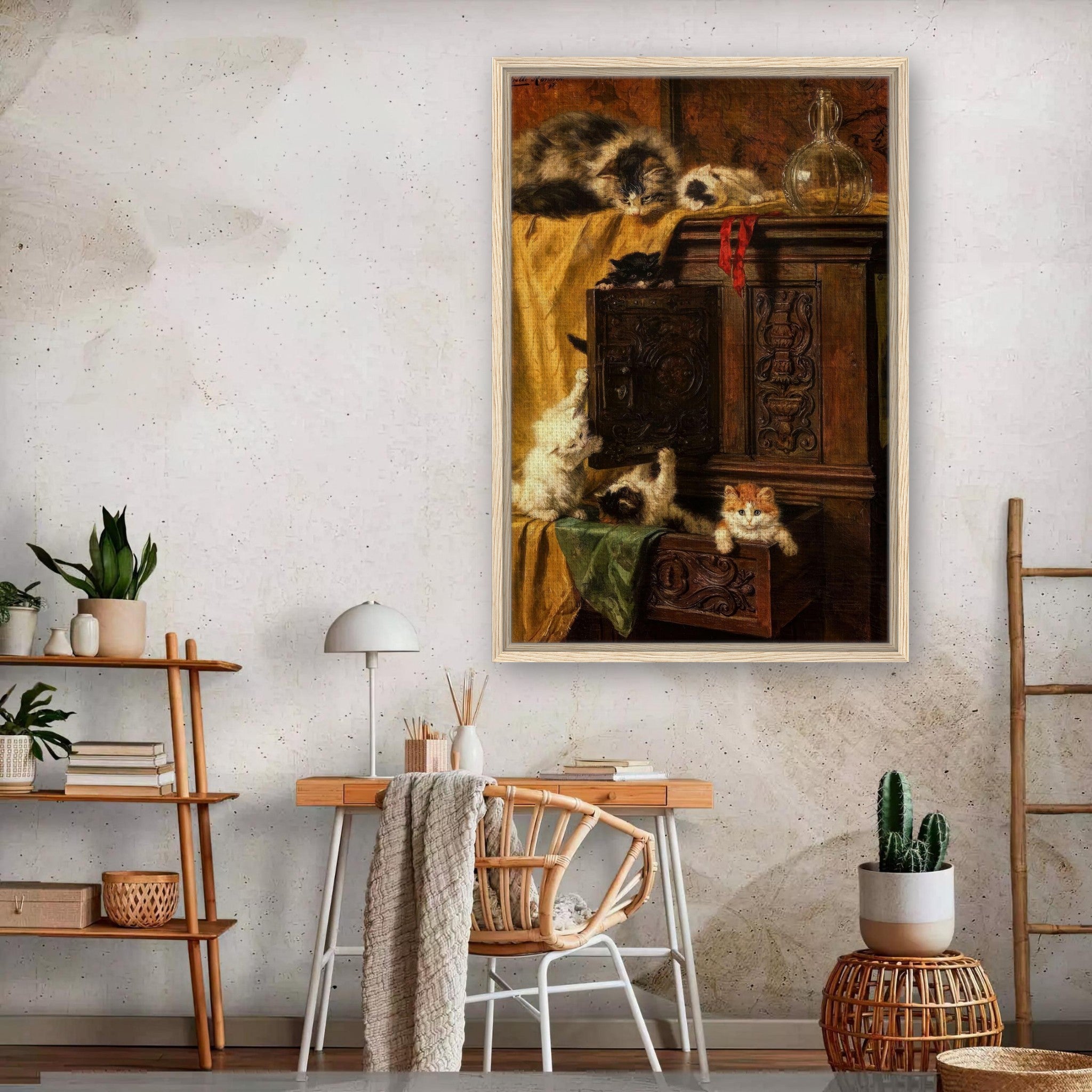Vintage cat painting framed print depicting playful kittens on an ornate cabinet in a cozy home setting.