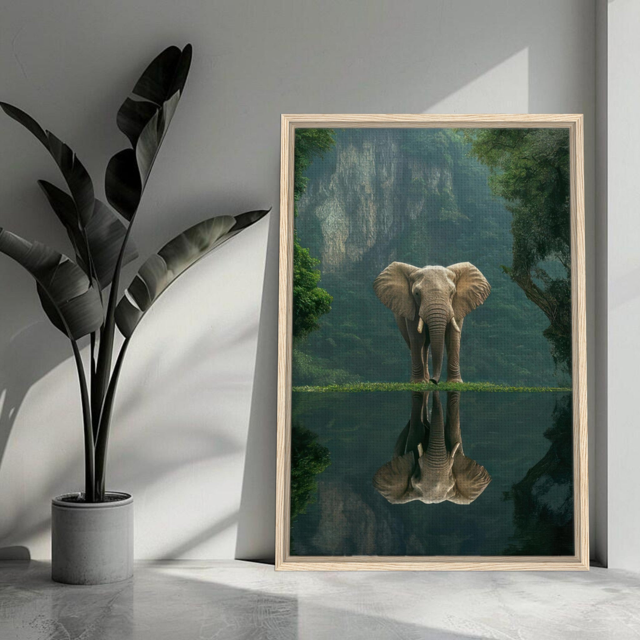 Jungle Elephant Portrait framed canvas print showcasing an elephant by water, framed beautifully with greenery.