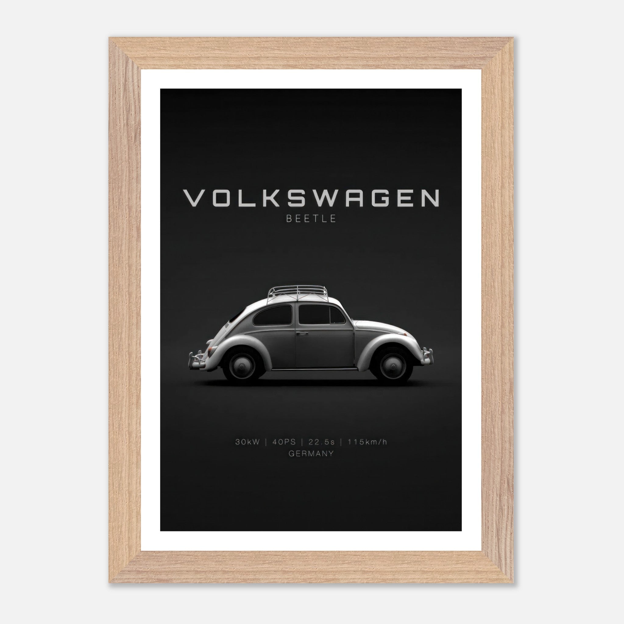 Volkswagen Beetle vintage framed art on black background, showcasing classic car design and elegance.