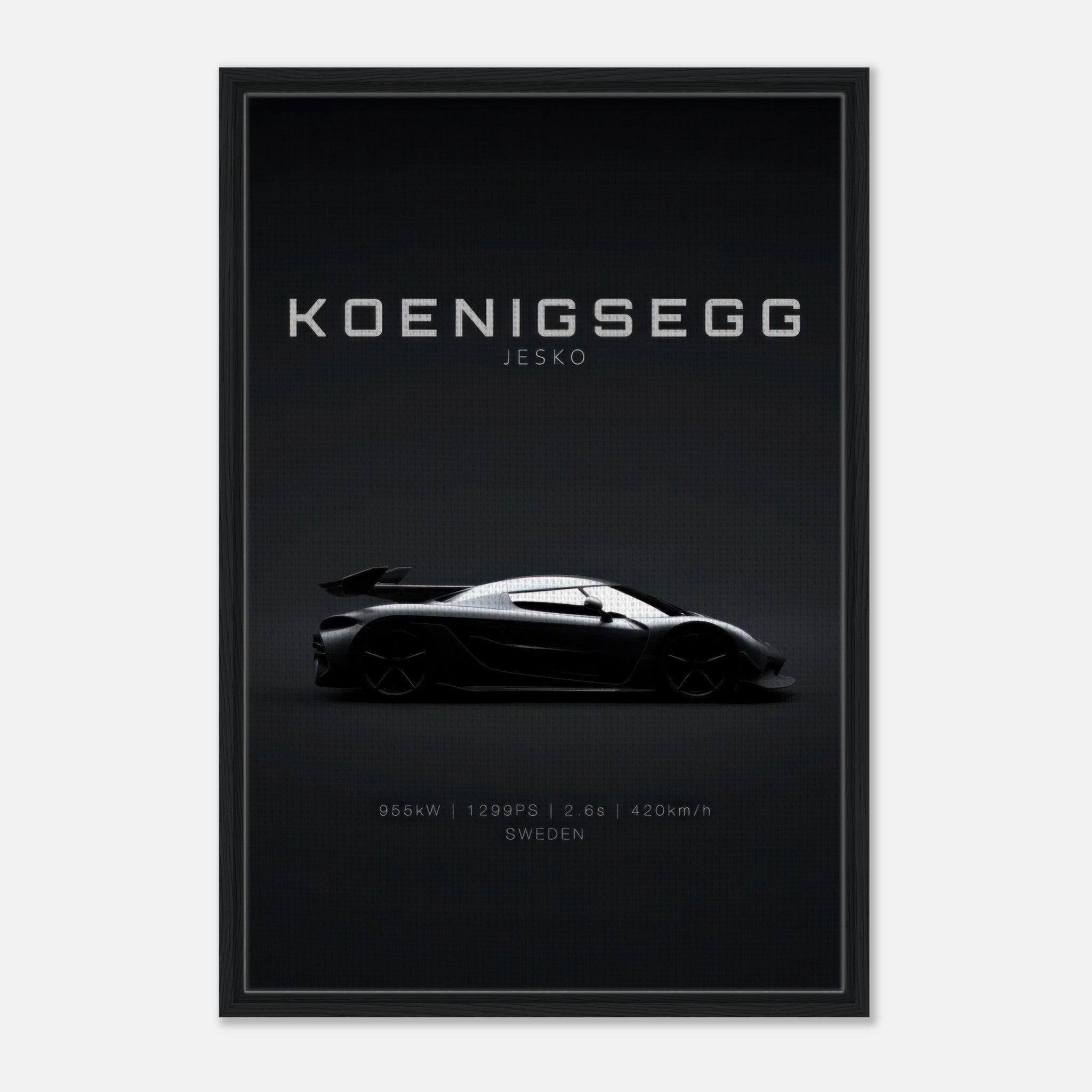 Koenigsegg Jesko framed canvas print showcasing iconic hypercar silhouette on a sleek black background.