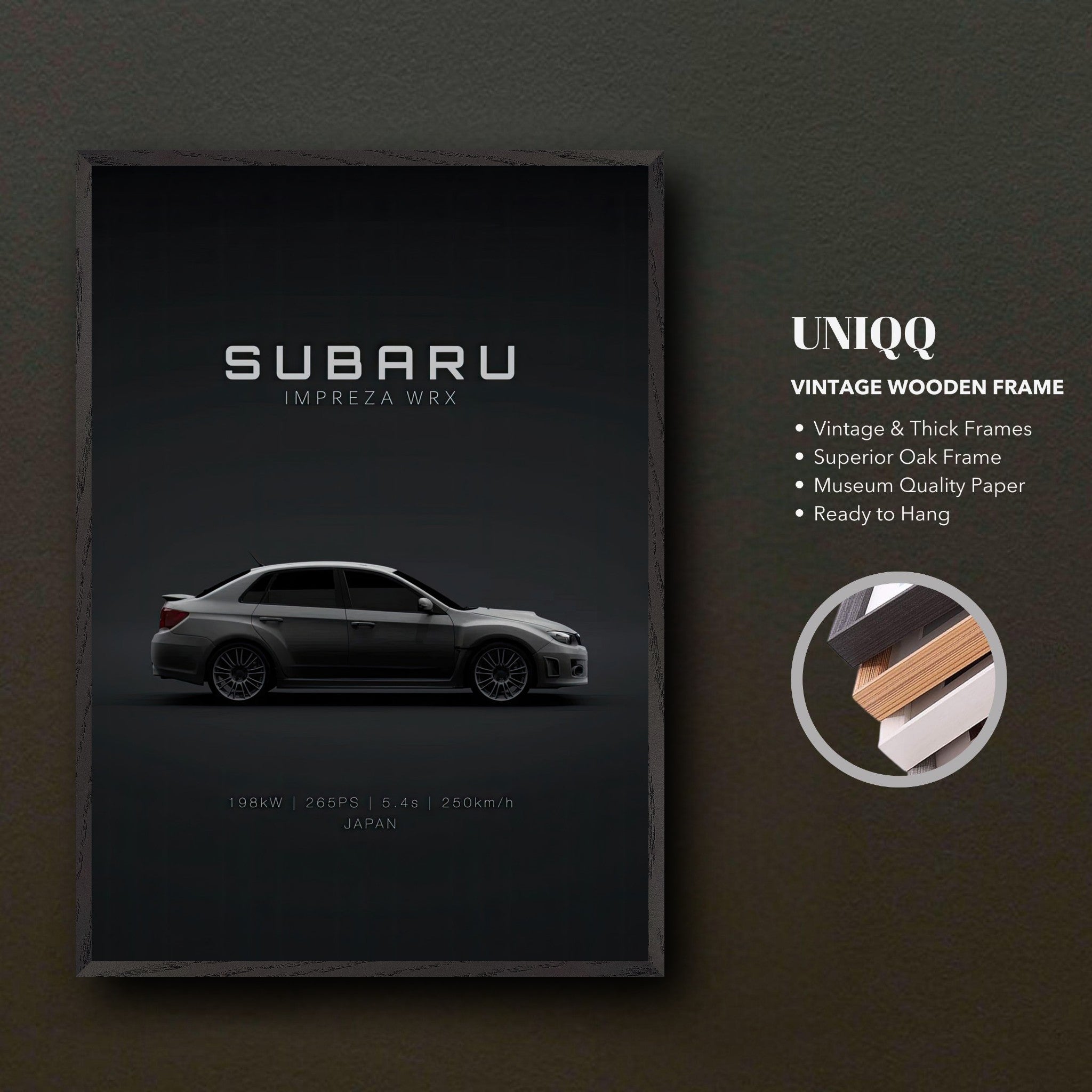Subaru WRX vintage framed art showcasing the iconic car on a minimalist backdrop, perfect decor for automotive enthusiasts.