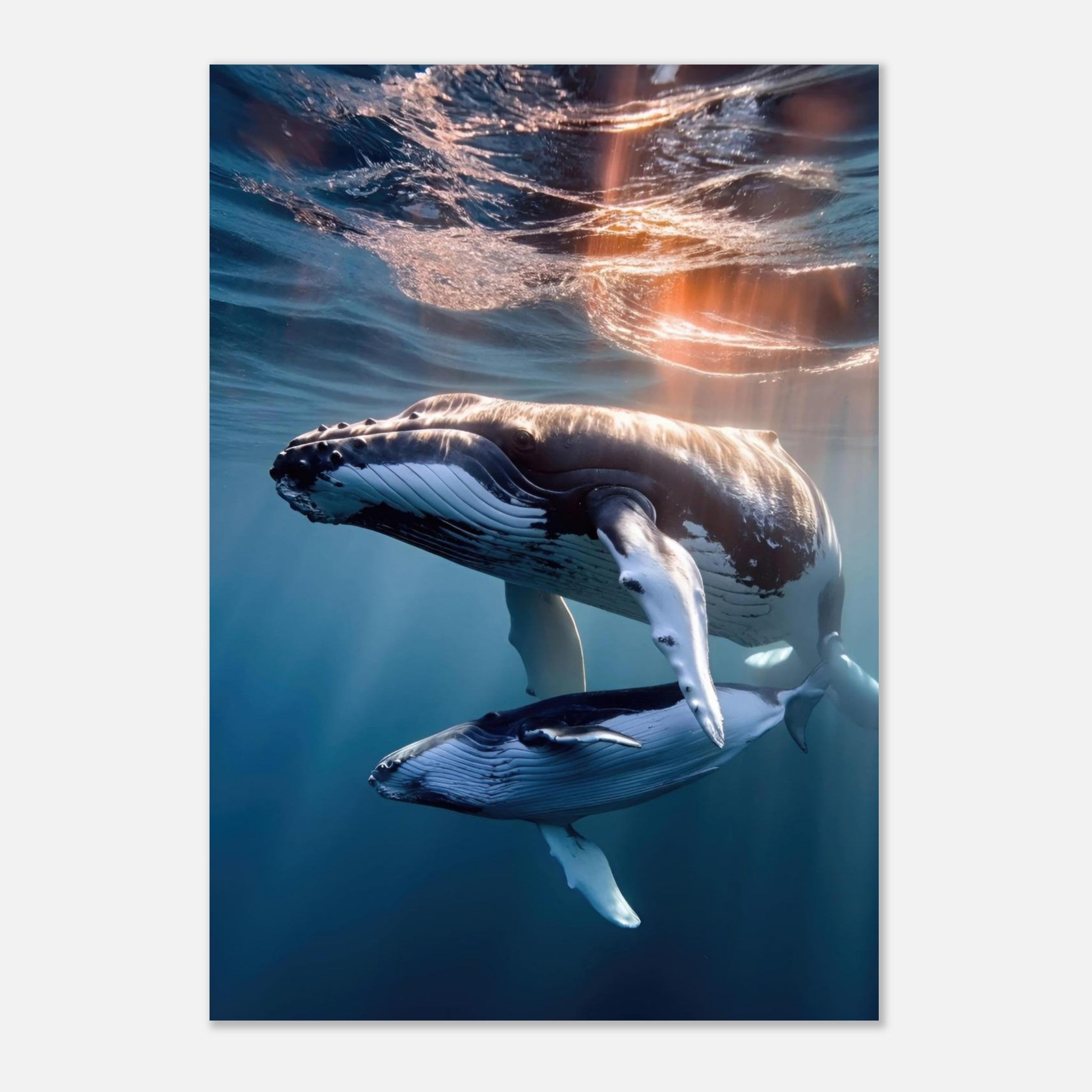 Underwater photography poster of a mother humpback whale and her calf swimming gracefully in blue waters.