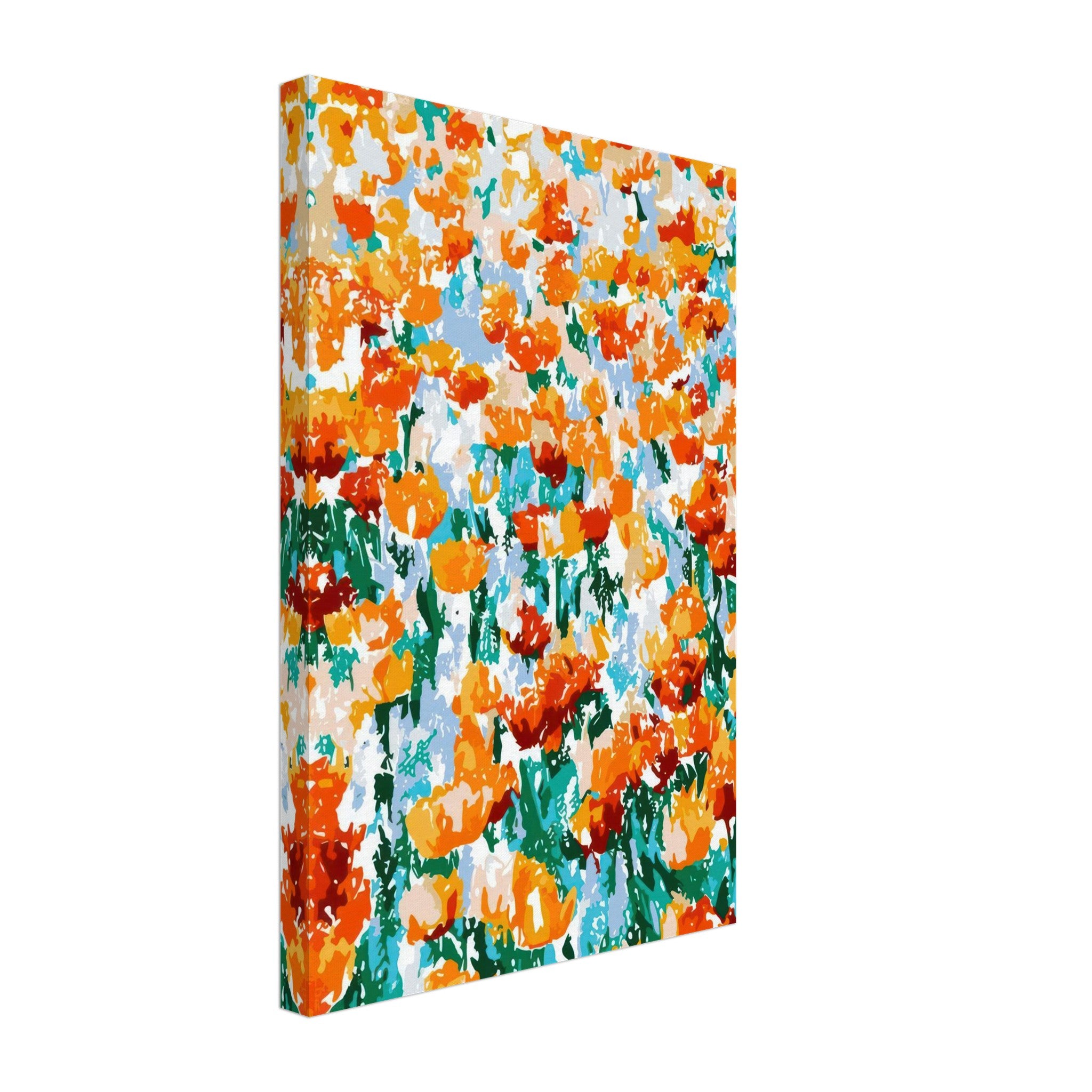 Vibrant abstract floral canvas print featuring orange tulips against a colorful backdrop.