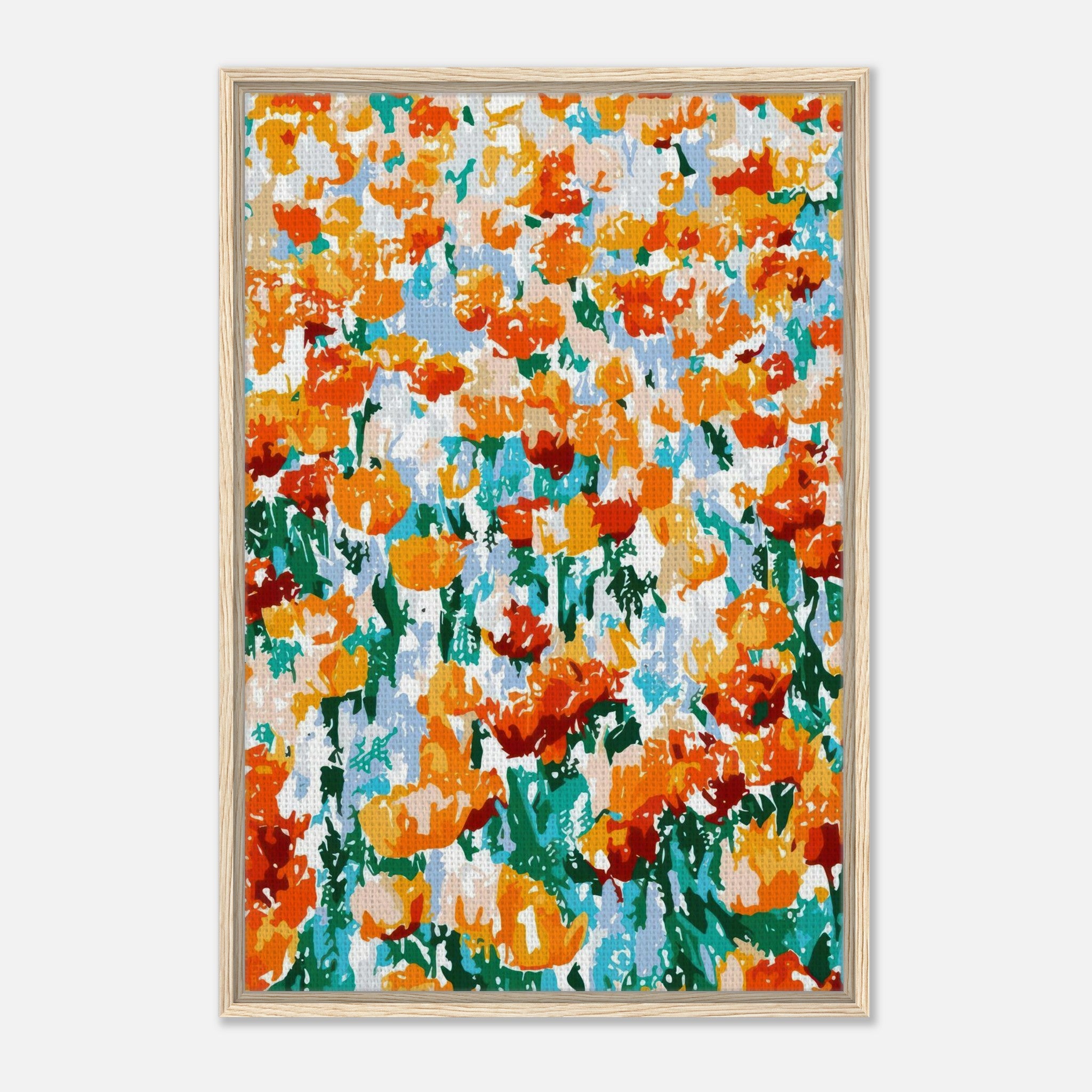 Abstract floral tulip garden canvas print featuring vibrant orange and green hues, framed for modern decor.