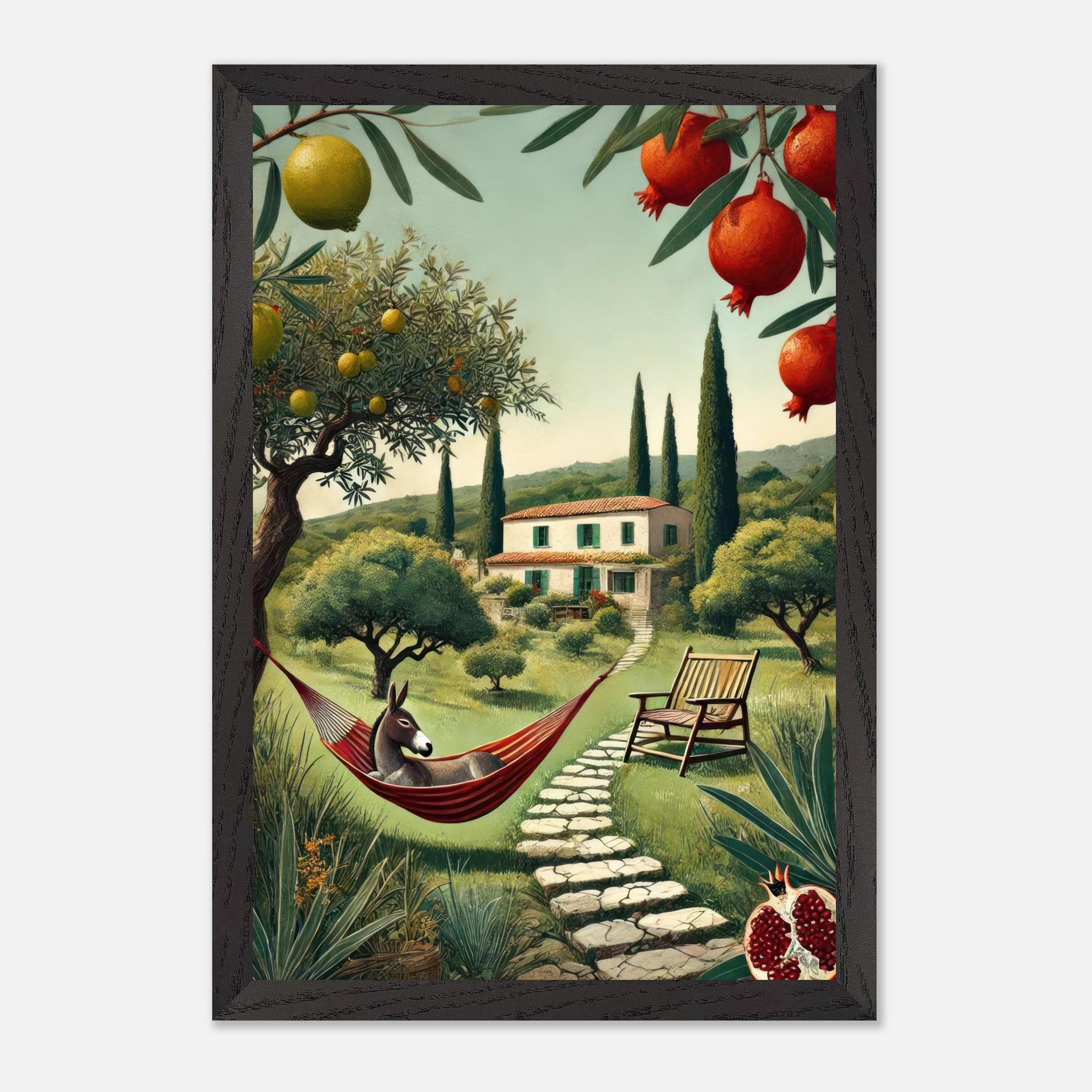 Mediterranean rural landscape with a donkey in a hammock, cypress trees, and a charming villa.