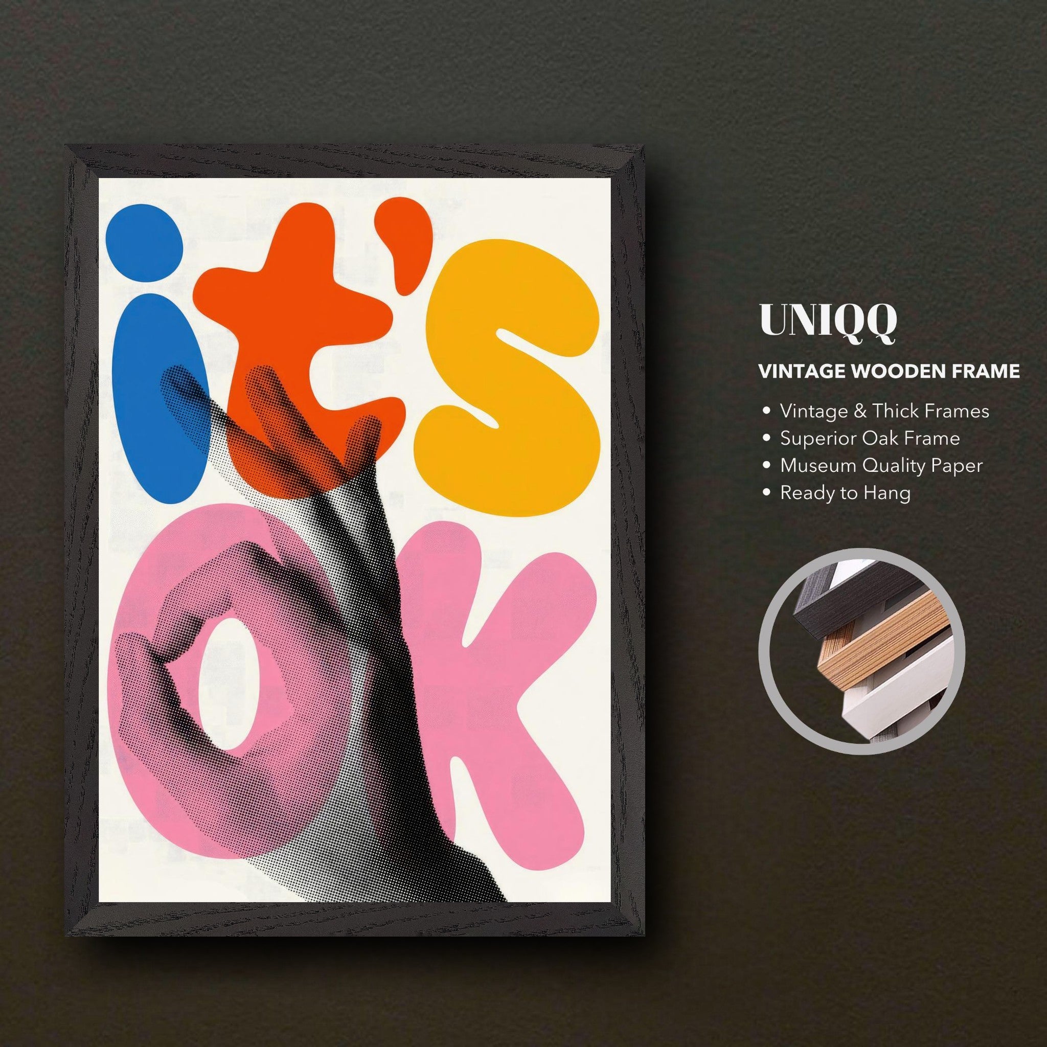 It's Ok Retro Abstract Pop Art vintage framed print featuring vibrant colors and a hand gesture in a stylish design.