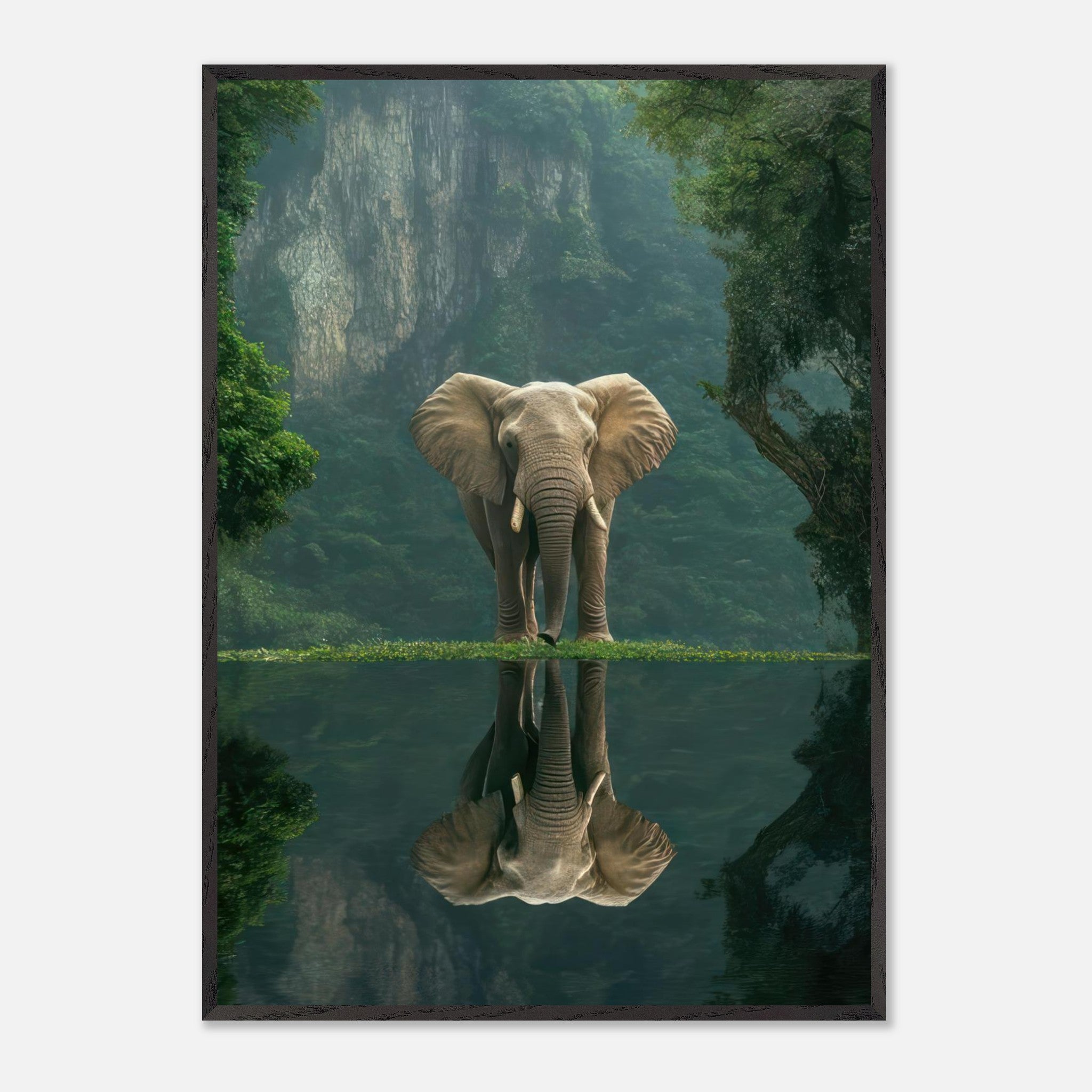 Jungle Elephant Portrait art reflecting in water, showcasing wild majesty and intricate details in serene nature setting.