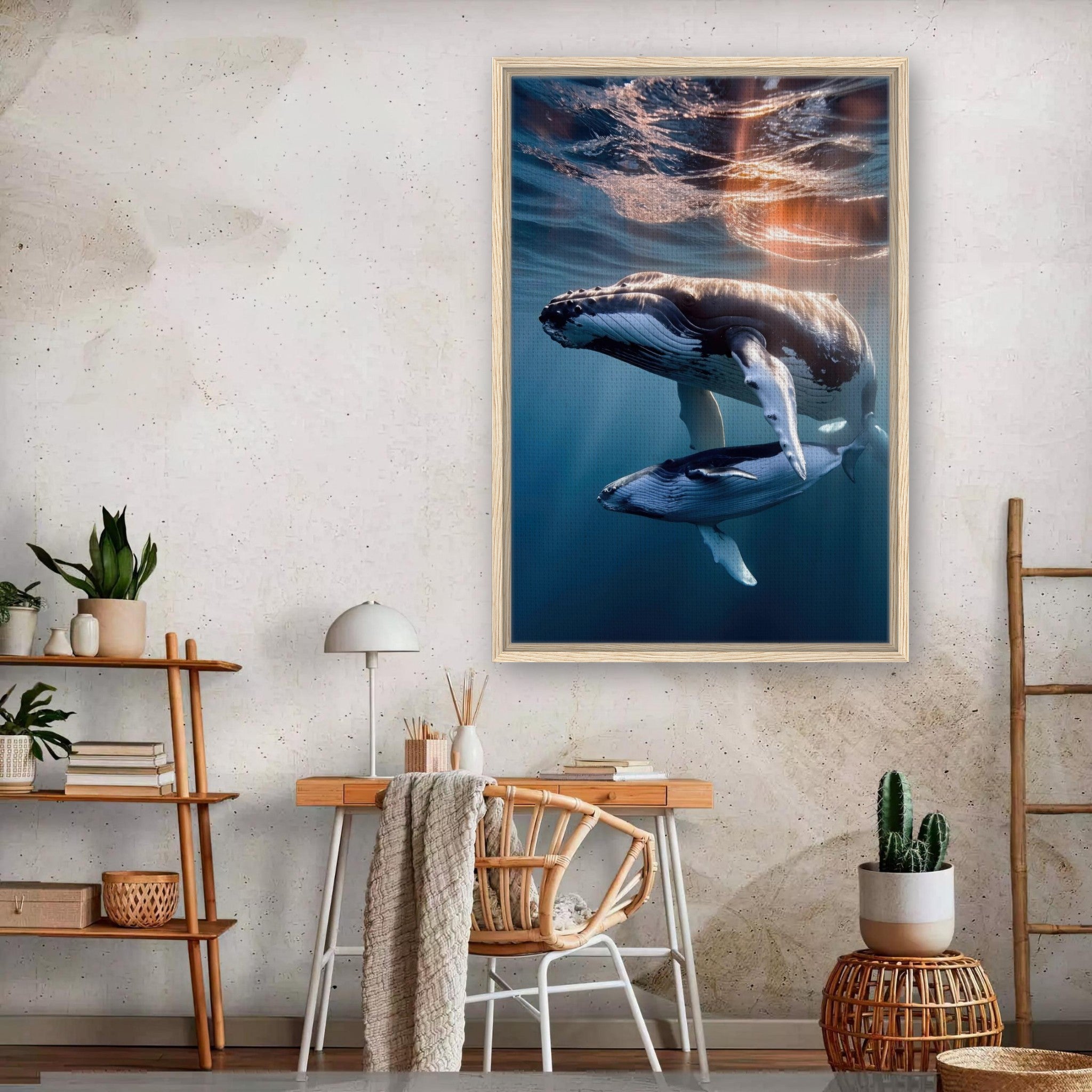 Framed canvas print of humpback whale and calf swimming underwater, enhancing home decor with marine beauty.