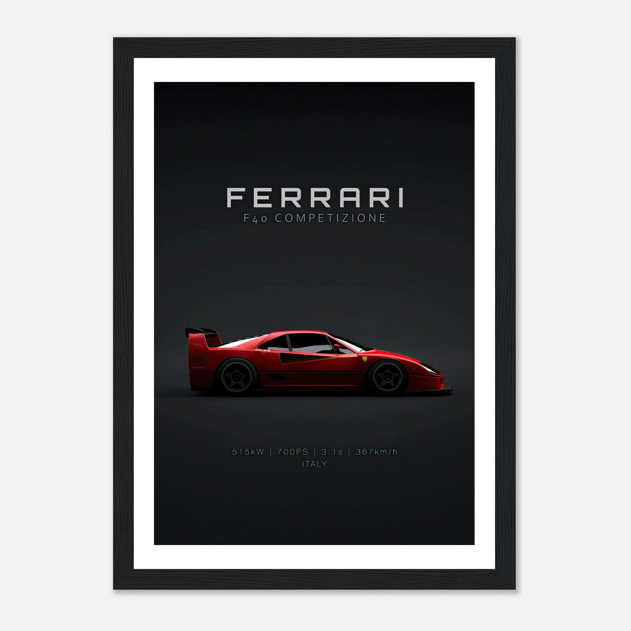 Ferrari F40 Competizione framed poster showcasing vibrant red supercar on dark background