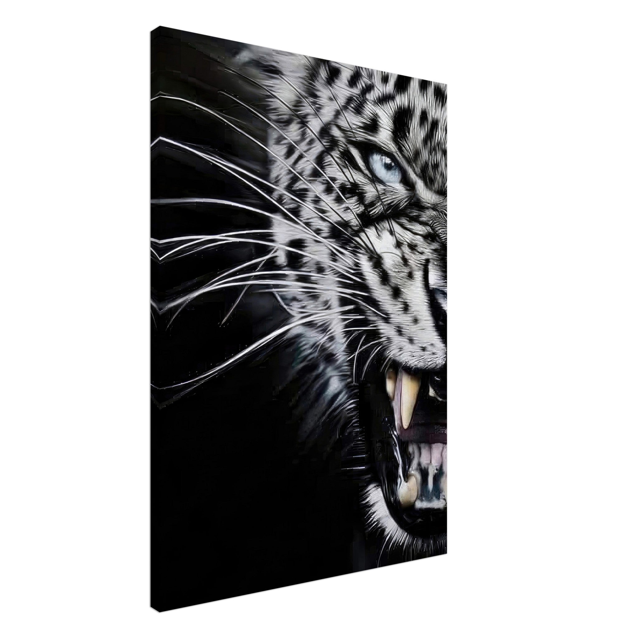 Close-up portrait of a fierce leopard showcasing its intense gaze and sharp fangs on a canvas print.