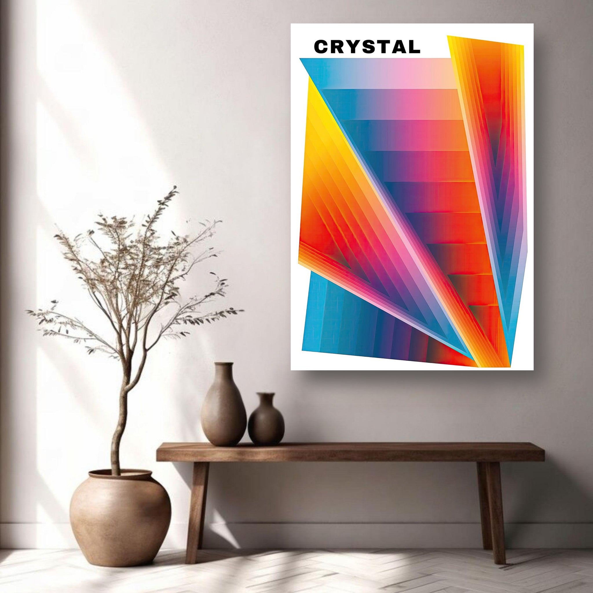 Crystal Abstract Art Metal Print featuring vibrant geometric patterns and dynamic colors, enhancing modern interior decor.