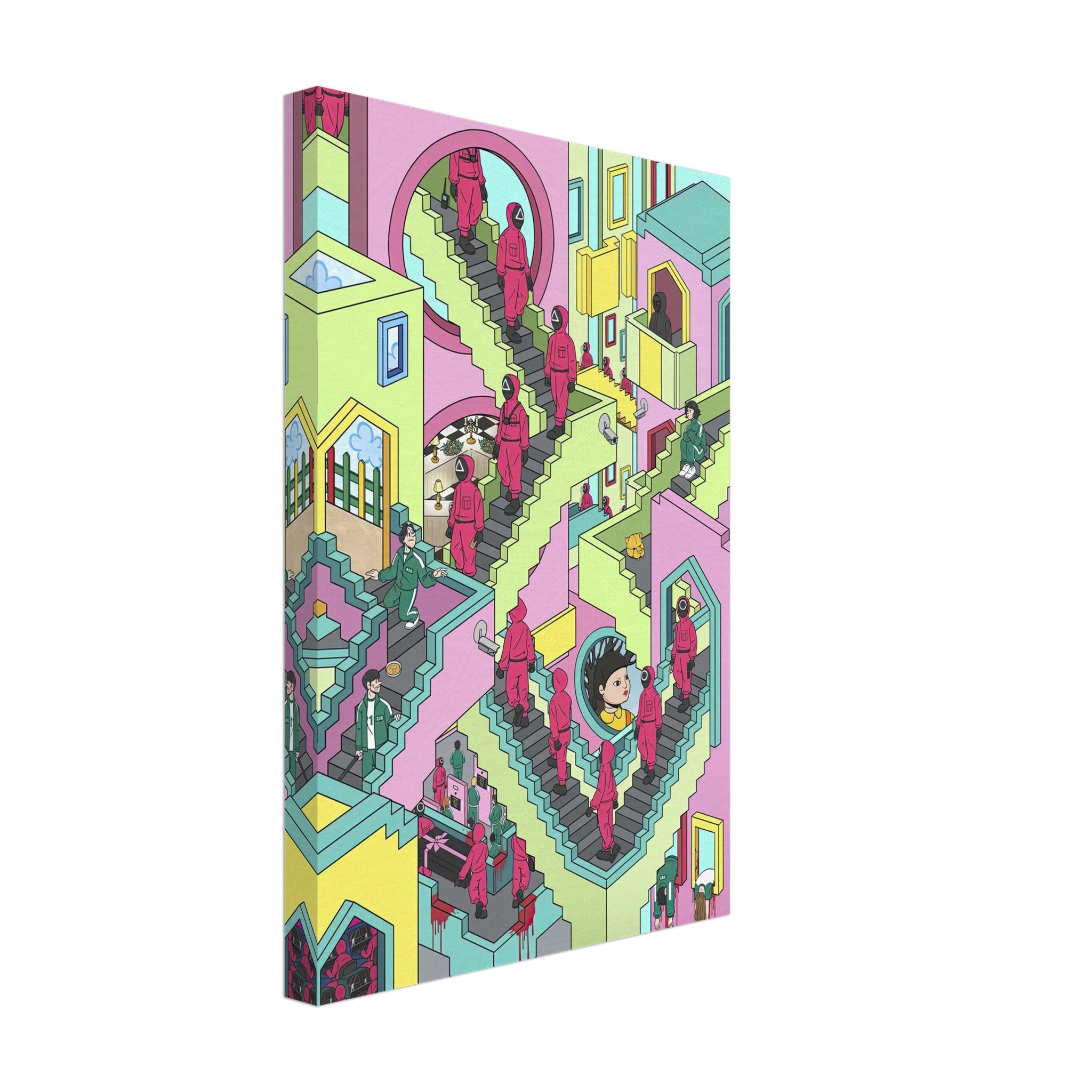 Squid Game Stairs canvas artwork featuring vibrant colors and intricate details of surreal staircase scene.