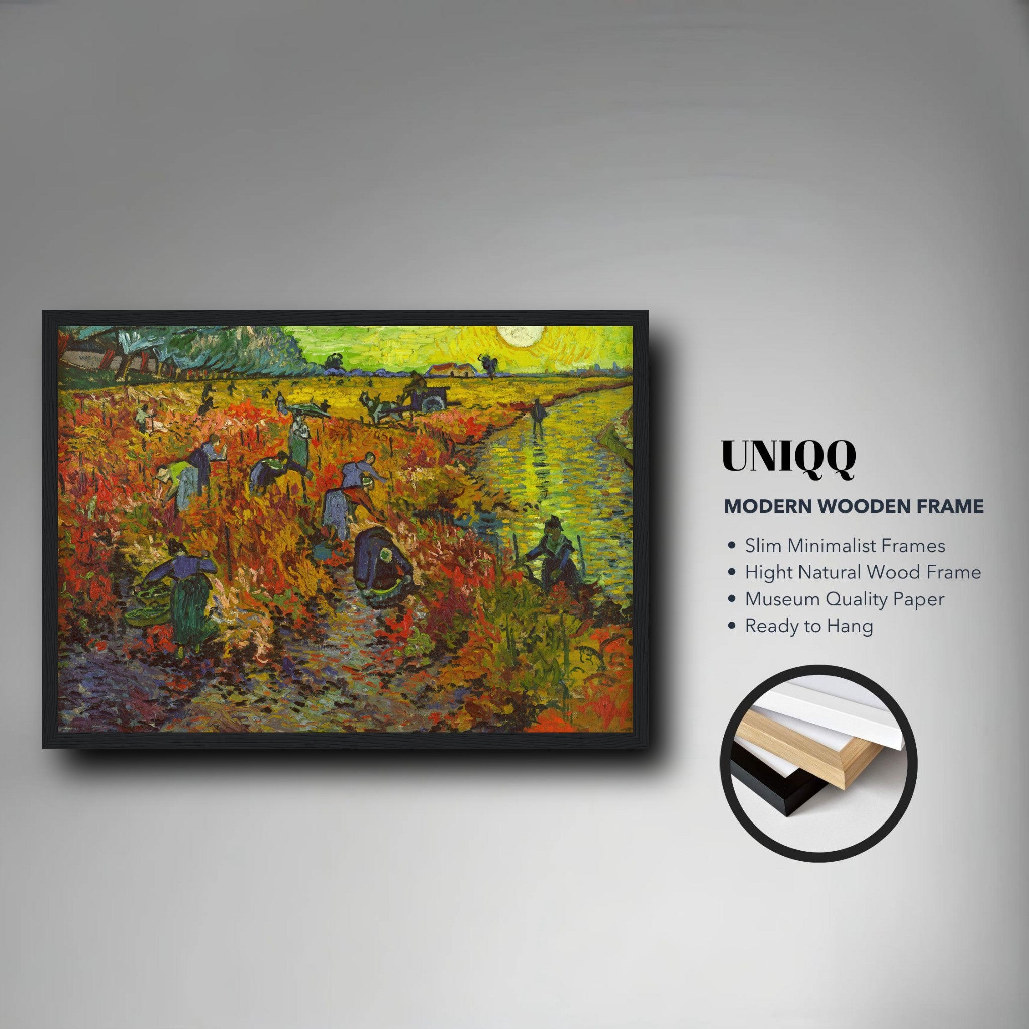 Framed print of Van Gogh's The Red Vineyard, showcasing vibrant autumn colors and a modern wooden frame.
