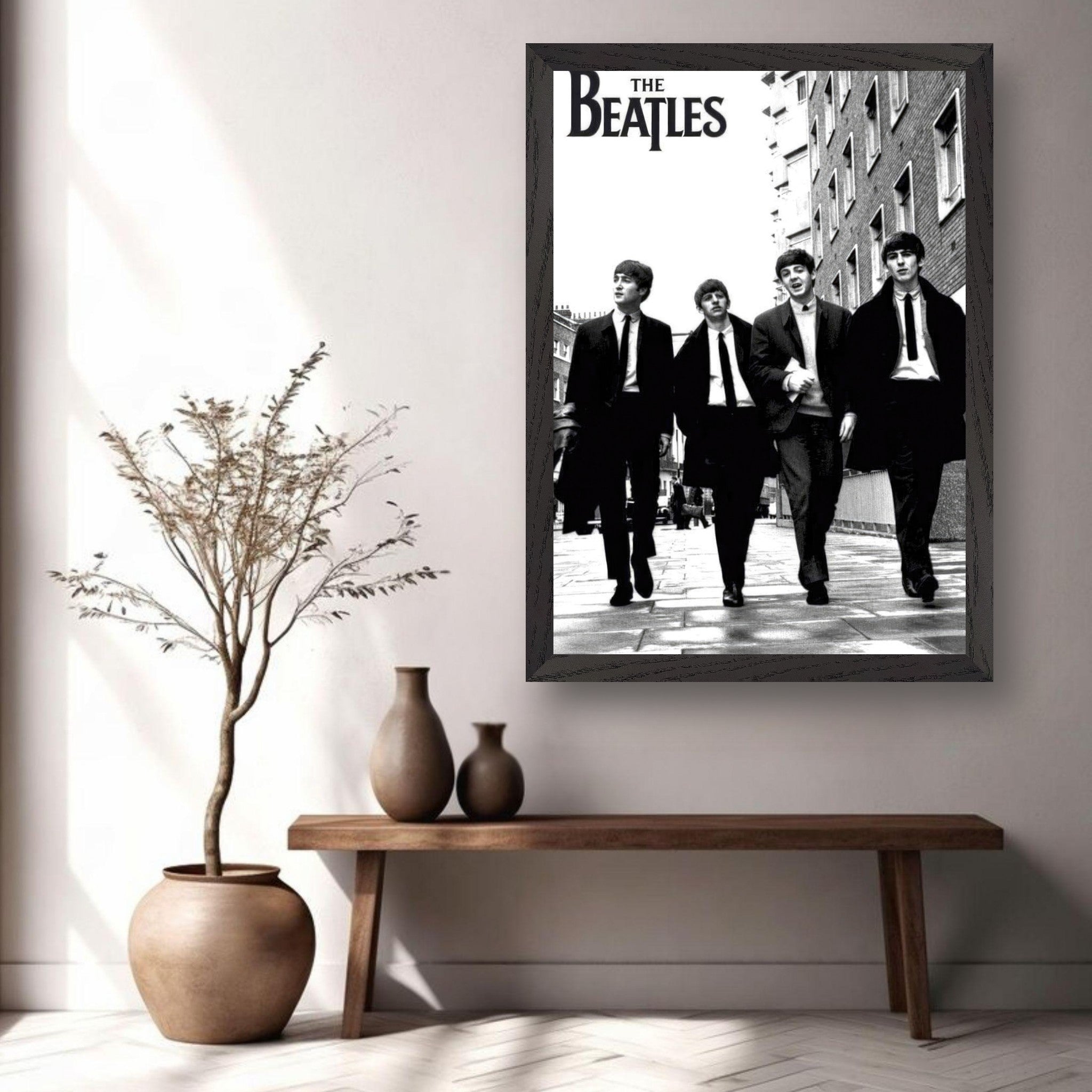 Vintage framed print featuring The Beatles walking in black and white, ideal for music and art enthusiasts.