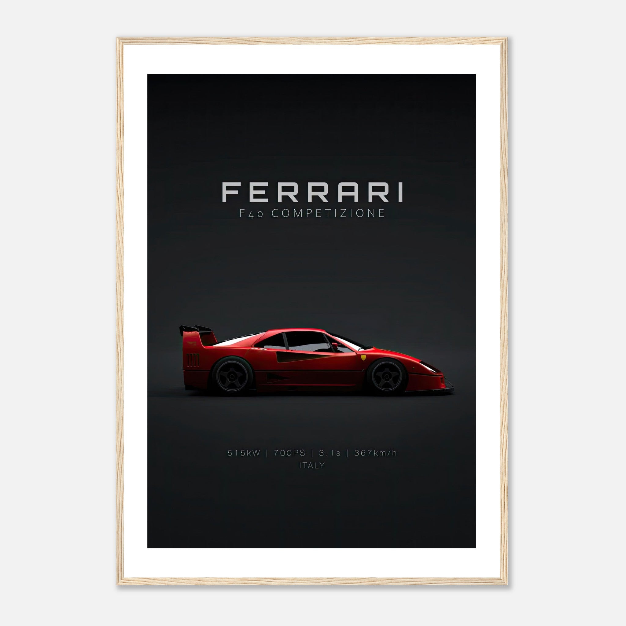 Ferrari F40 Competizione framed poster showcasing sleek red design and specs on a minimalist backdrop.