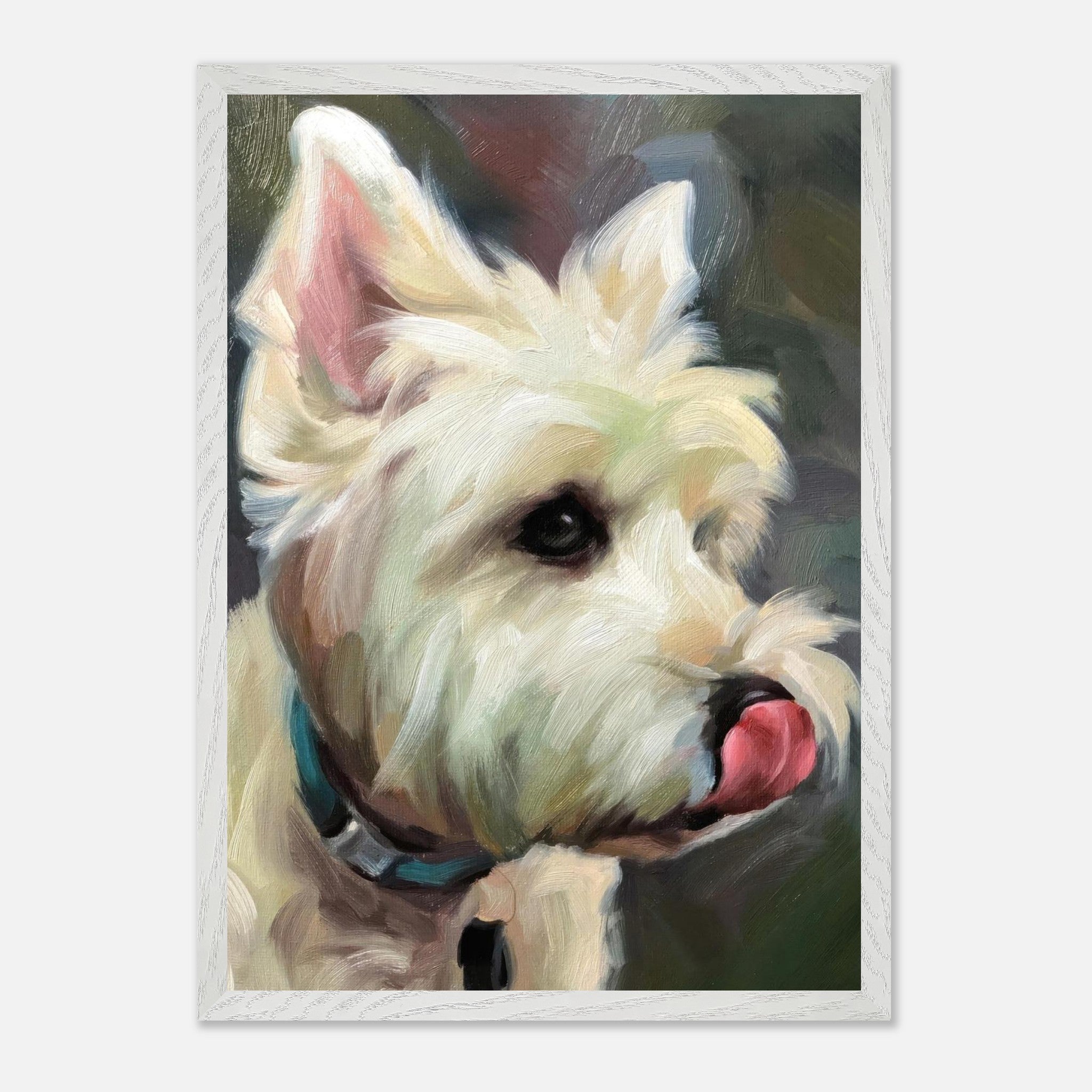 Westie dog painting vintage framed print showcasing a playful West Highland White Terrier with detailed brushstrokes.