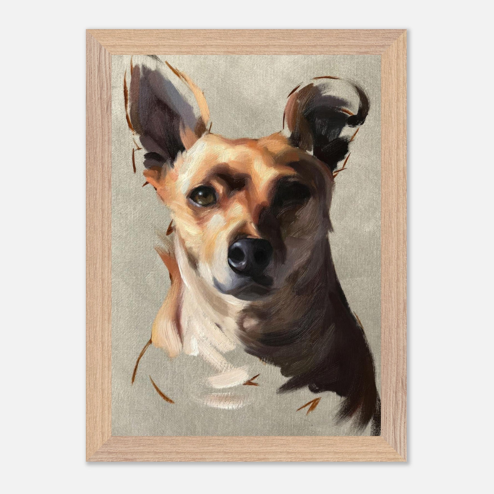 Chihuahua dog painting in vintage frame, showcasing expressive brushstrokes and warm colors on canvas.