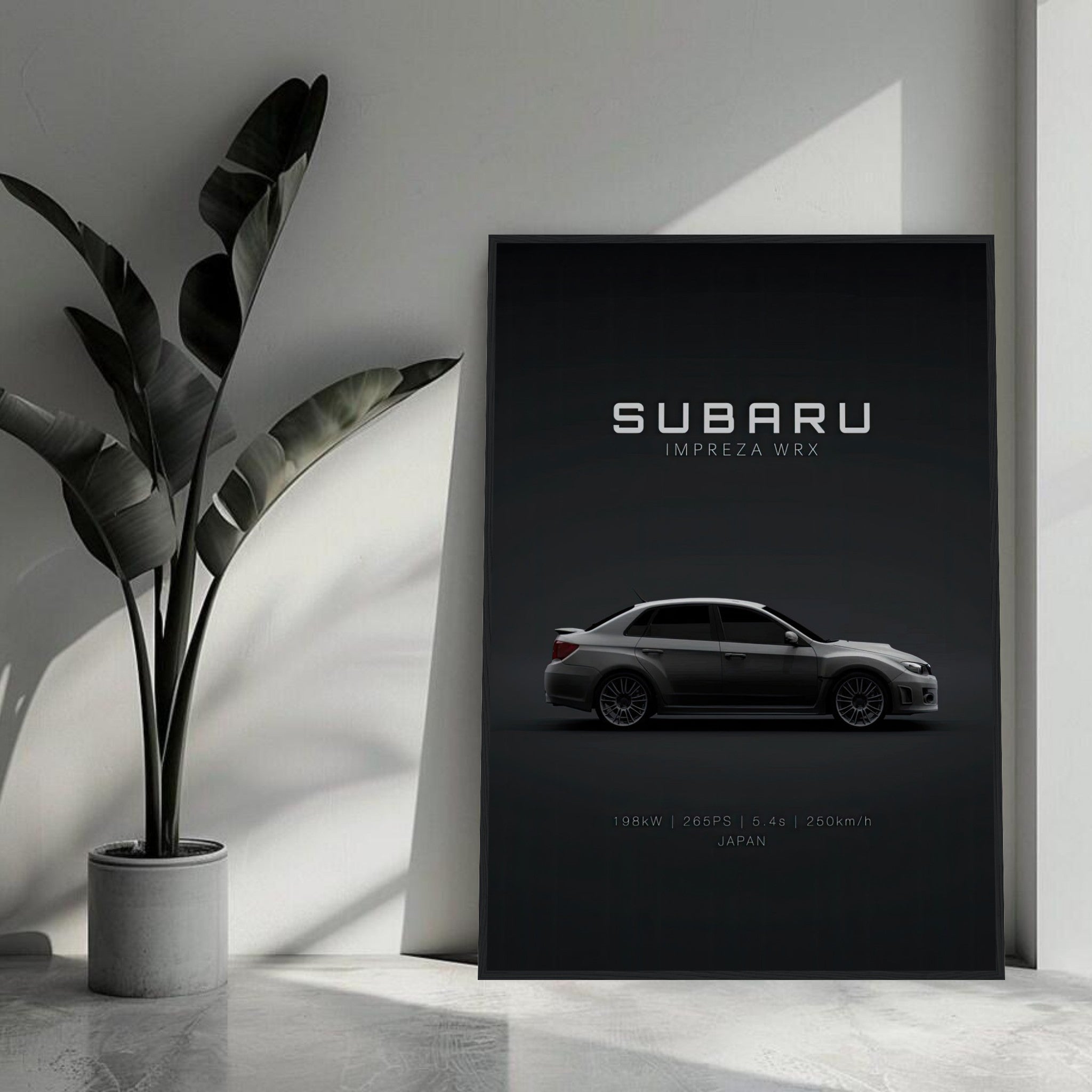 Subaru WRX framed poster featuring a sleek design on a dark background, perfect for car enthusiasts.