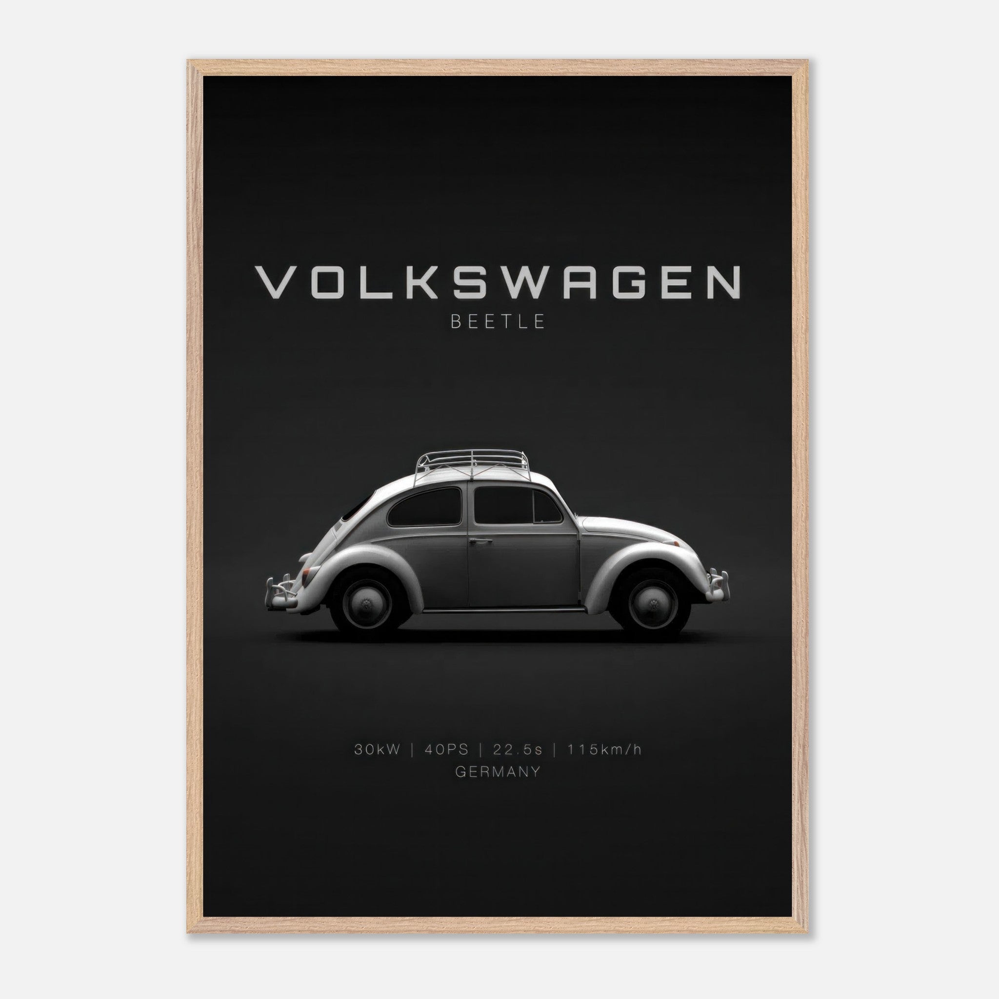 Volkswagen Beetle vintage framed art featuring a sleek silver design on a minimalist black background.