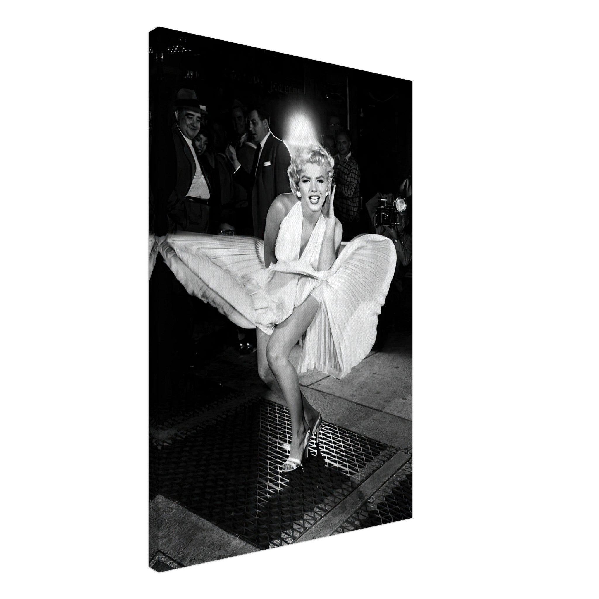 Marilyn Monroe in white dress, wind-blown capture, iconic Hollywood moment, canvas print.