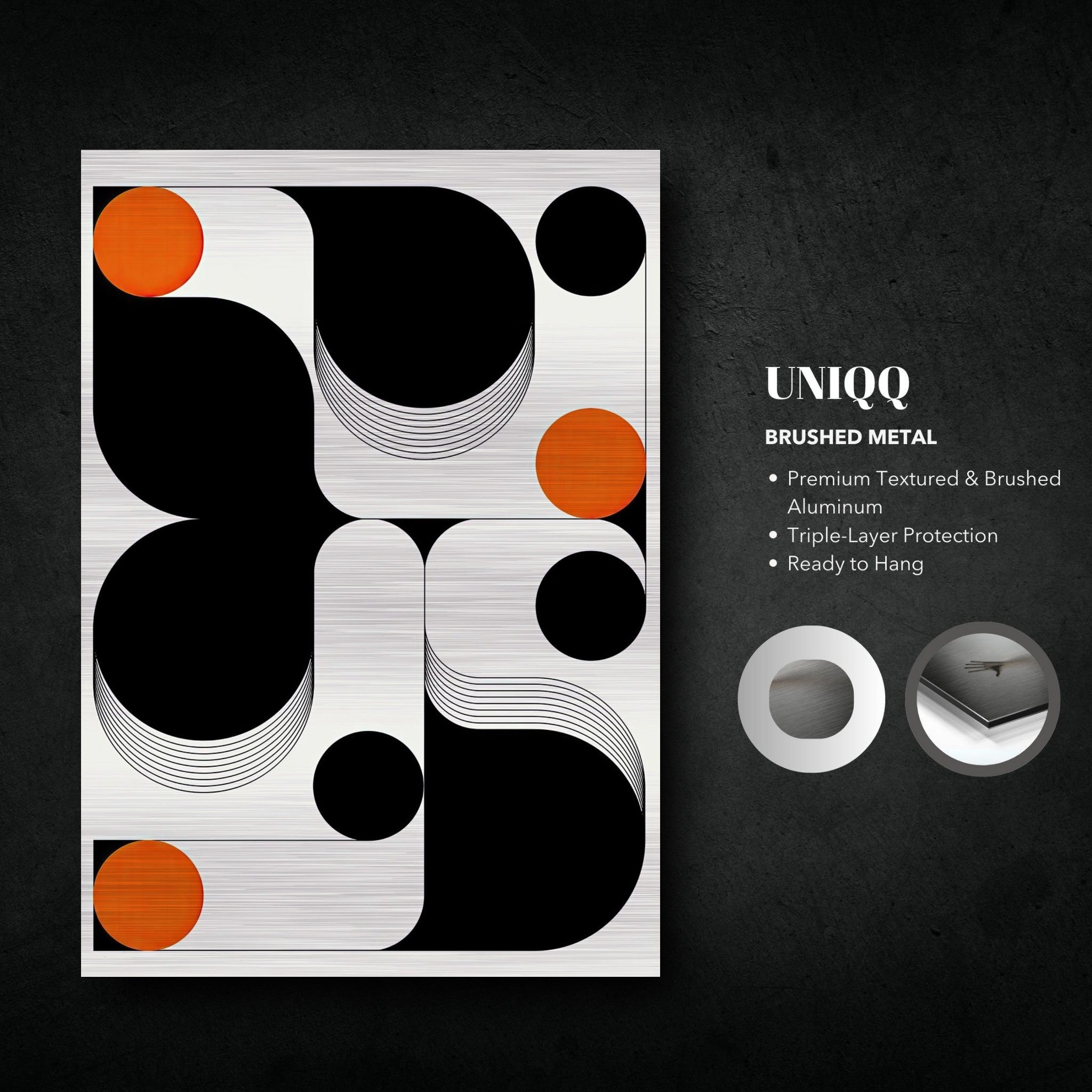 Modern geometric abstract art on brushed metal with black, white, and orange design, perfect for contemporary decor.