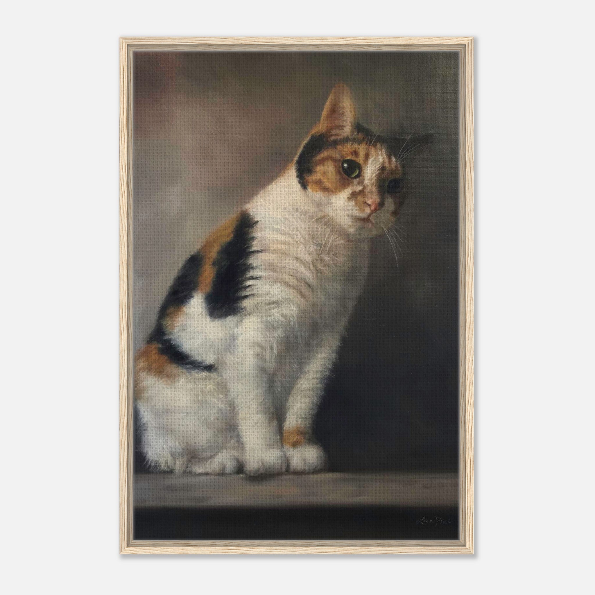 Lifelike cat portrait painting on framed canvas, showcasing detailed fur and expressive eyes, perfect for cat lovers.