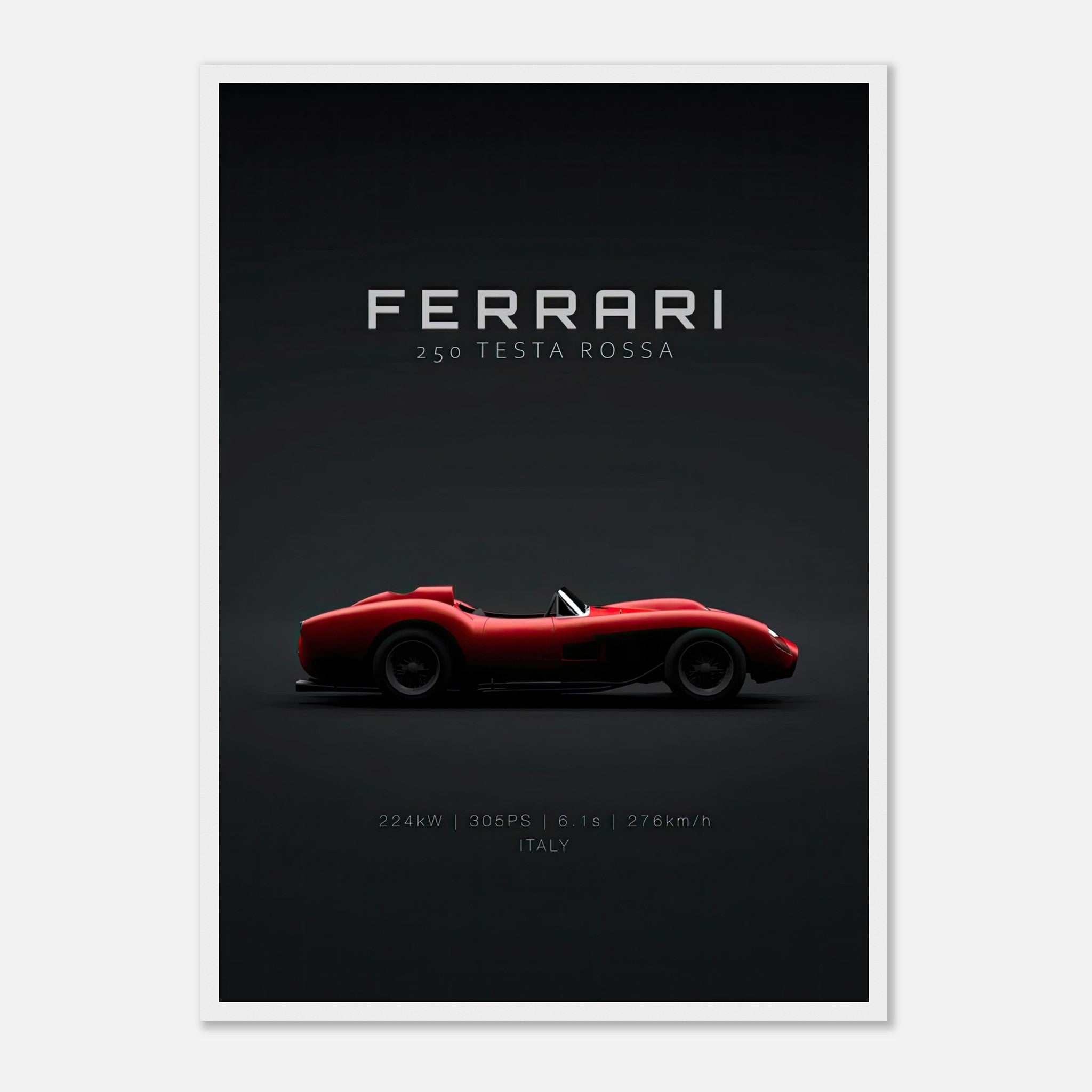 Ferrari 250 Testa Rossa framed poster featuring a sleek red car silhouette on a black background.